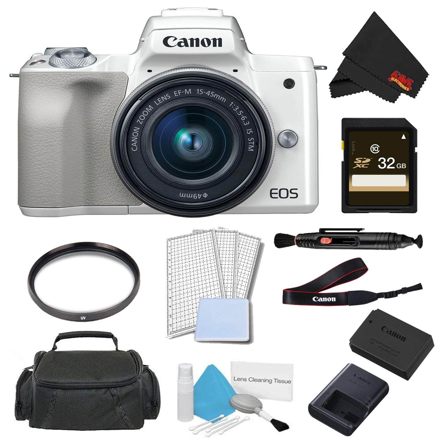 Canon EOS M50 Mirrorless Digital Camera with 15-45mm Lens (White) Advanced Bundle w/ 32GB Memory Card - Intl Model