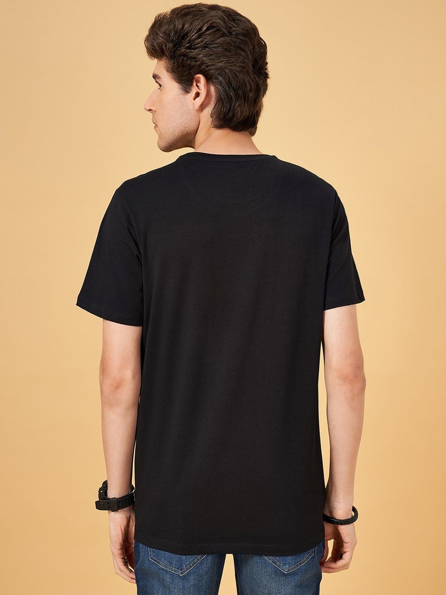 SF Jeans by Pantaloons Jet Black Cotton Slim Fit Printed T-Shirt