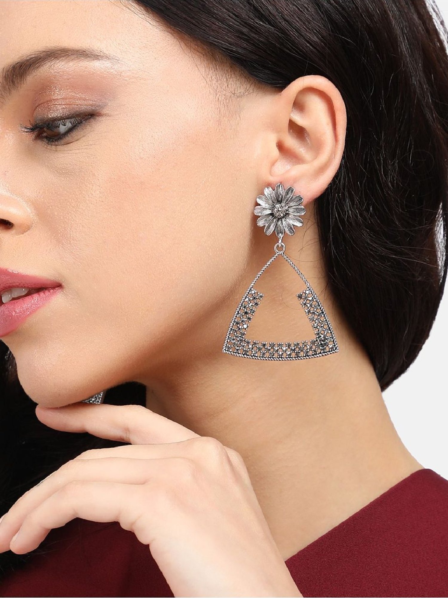 Sohi Women's Crystal Triangle Daisy Drop Earrings  Silver