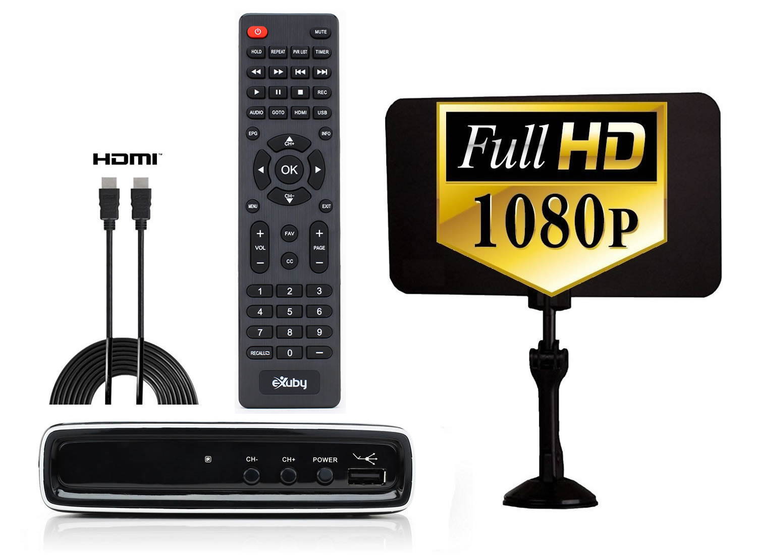 eXuby Digital Converter Box for TV + Flat Antenna + HDMI Cable for Recording & Watching Full HD Channels for FREE (Instant & Scheduled Recording, DVR, 1080P, HDMI Output, 7 Day Guide & LCD Screen)