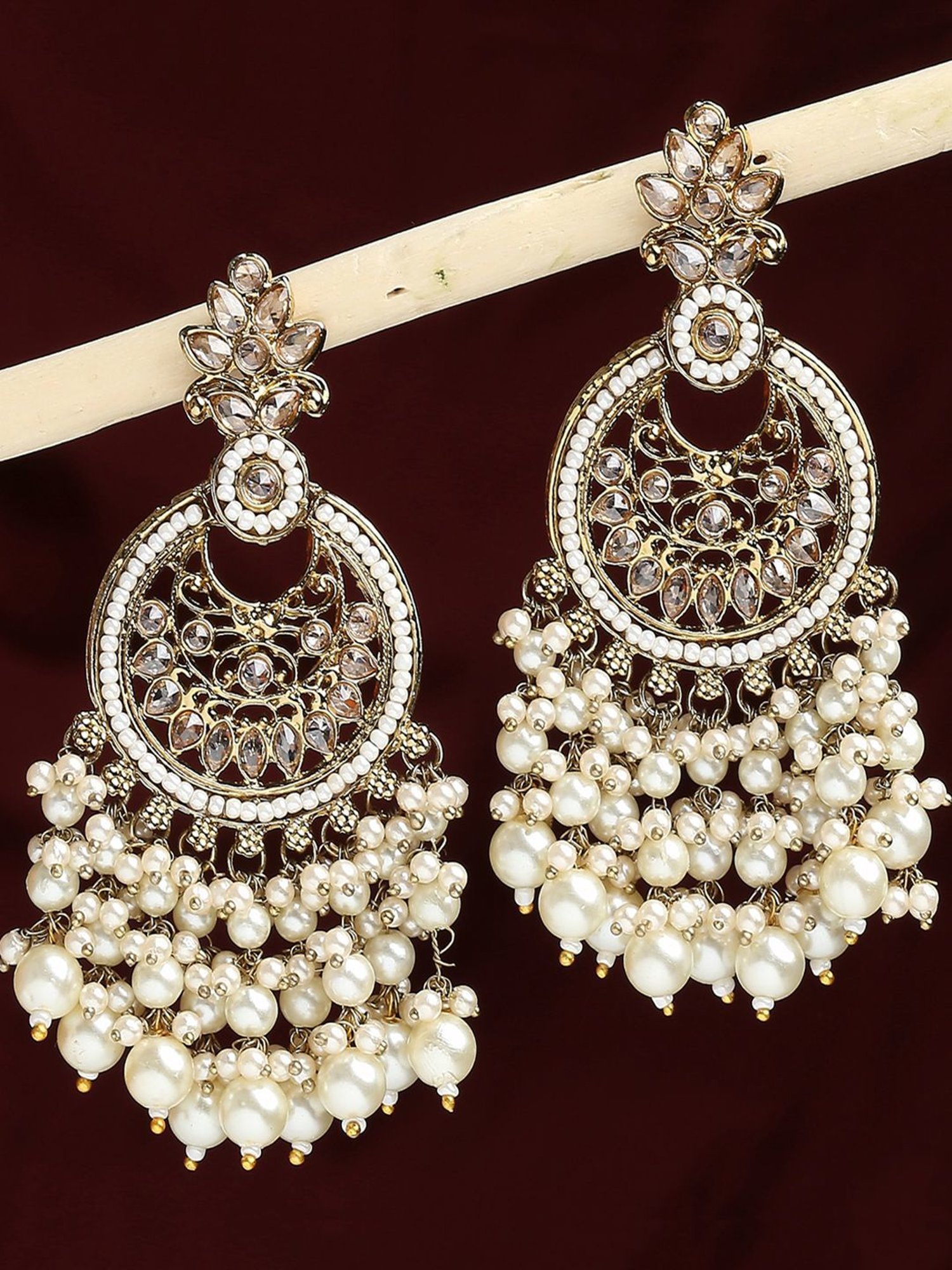 OOMPH Gold-Plated Jadau Kundan & Pearl Ethnic Large Dangler Earrings for Women
