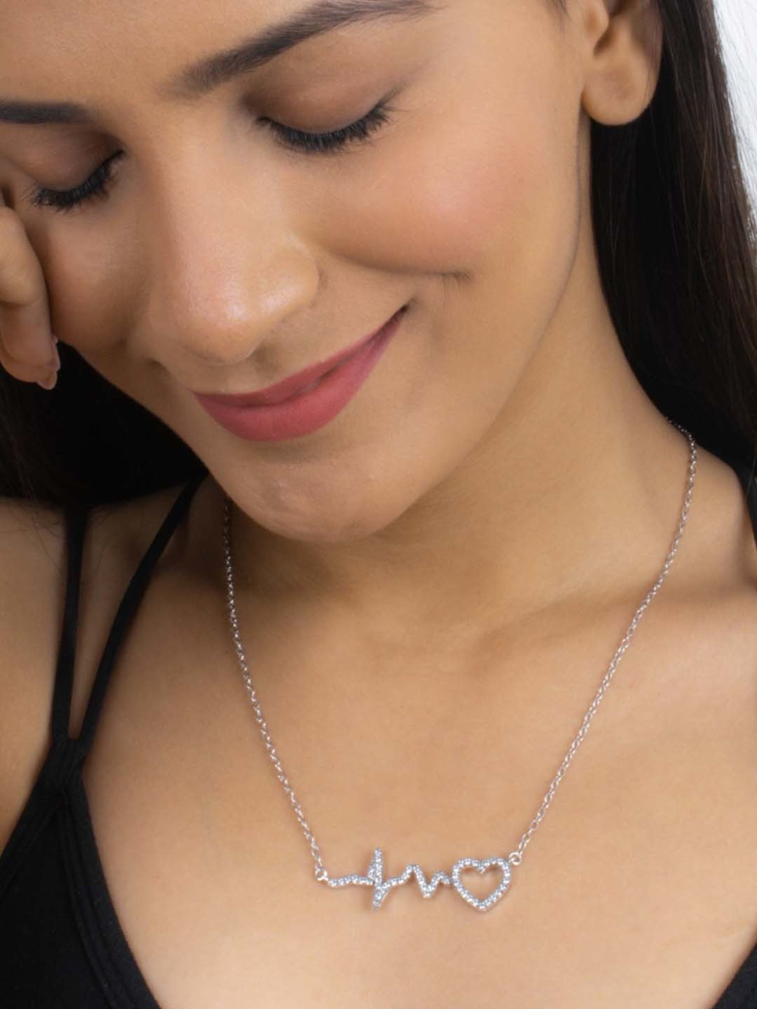 925 Silver American Diamond Heart Beat Necklace with 18-inch Chain for Women & Girls