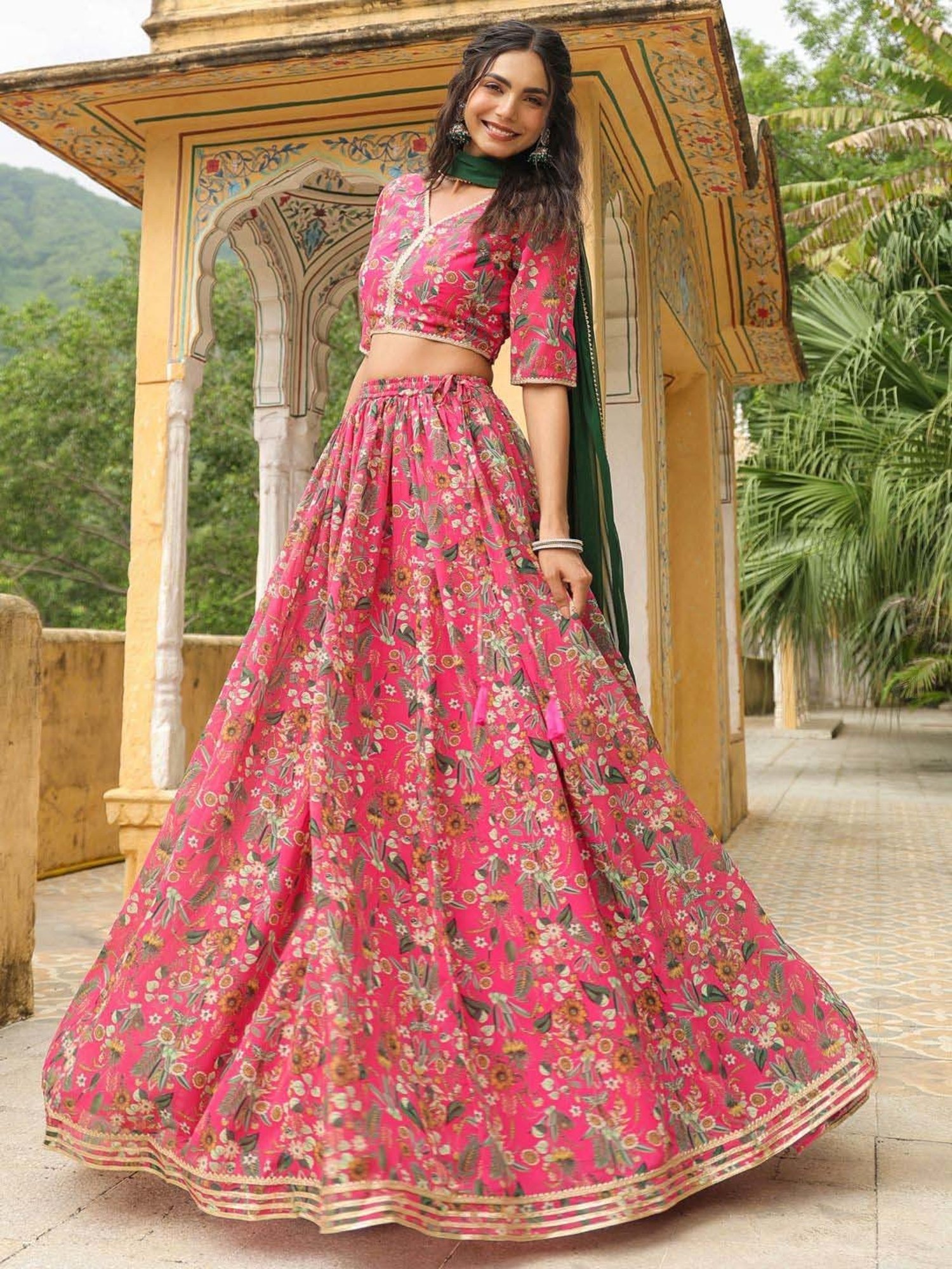 Janasya Pink Printed Lehenga Choli Set With Dupatta