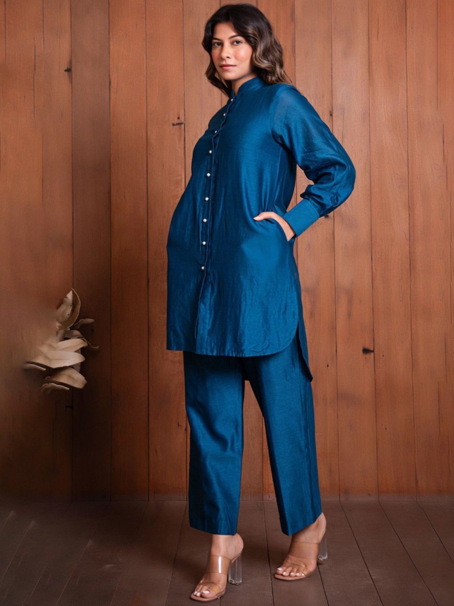 Eeshva India Blue Solid Chanderi Kurta with Pant