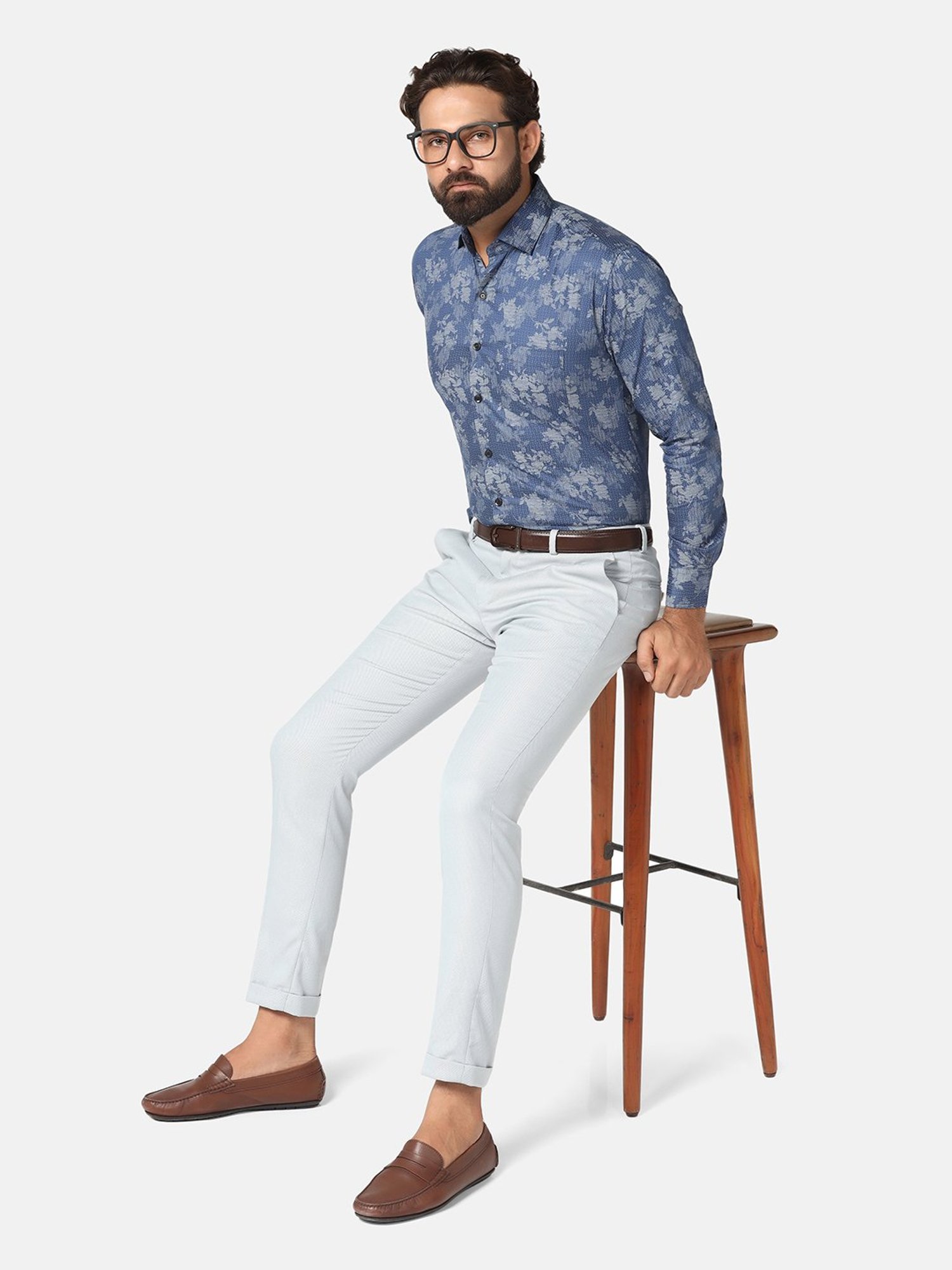 TAHVO Dark Blue Slim Fit Printed Shirt