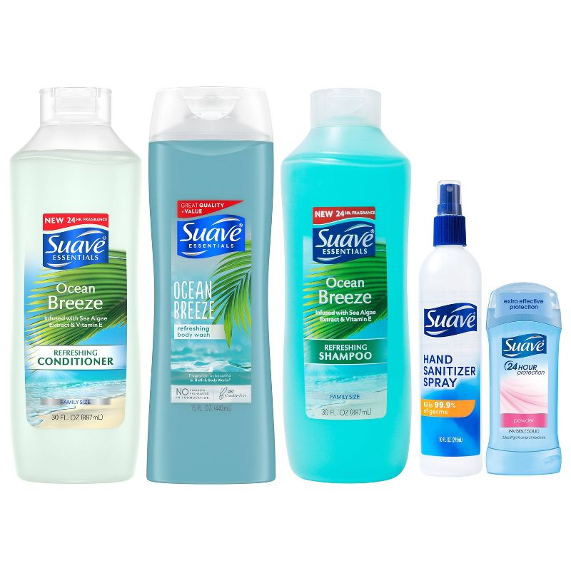 Suave Shampoo + Conditioner + Body Wash + Hand Sanitizer + Antiperspirant Deodorant Family Pack Bundle - 5ct