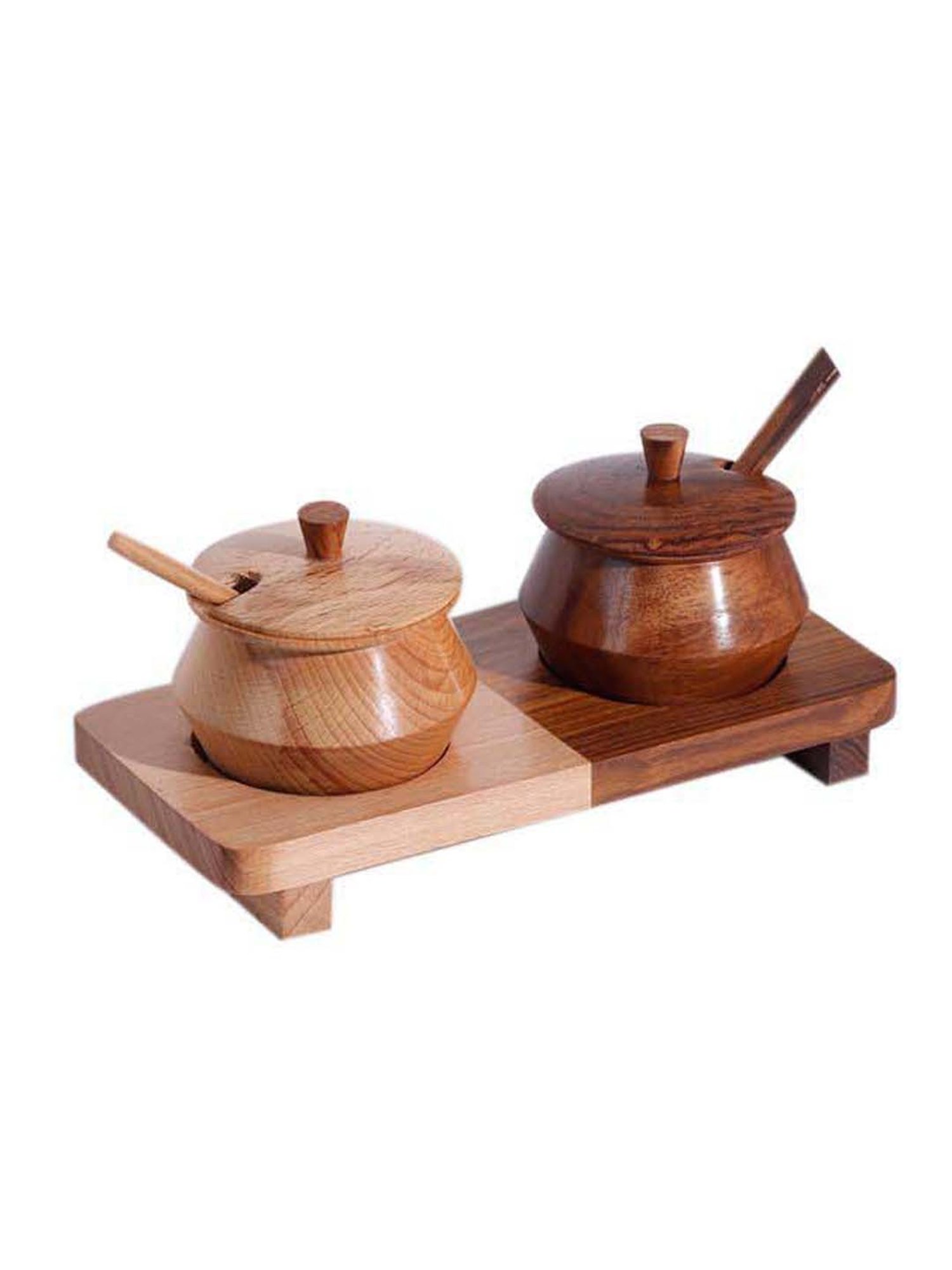 Unravel India New Brown Sheesham Wood Jar with Spoon & Tray - Set of 5
