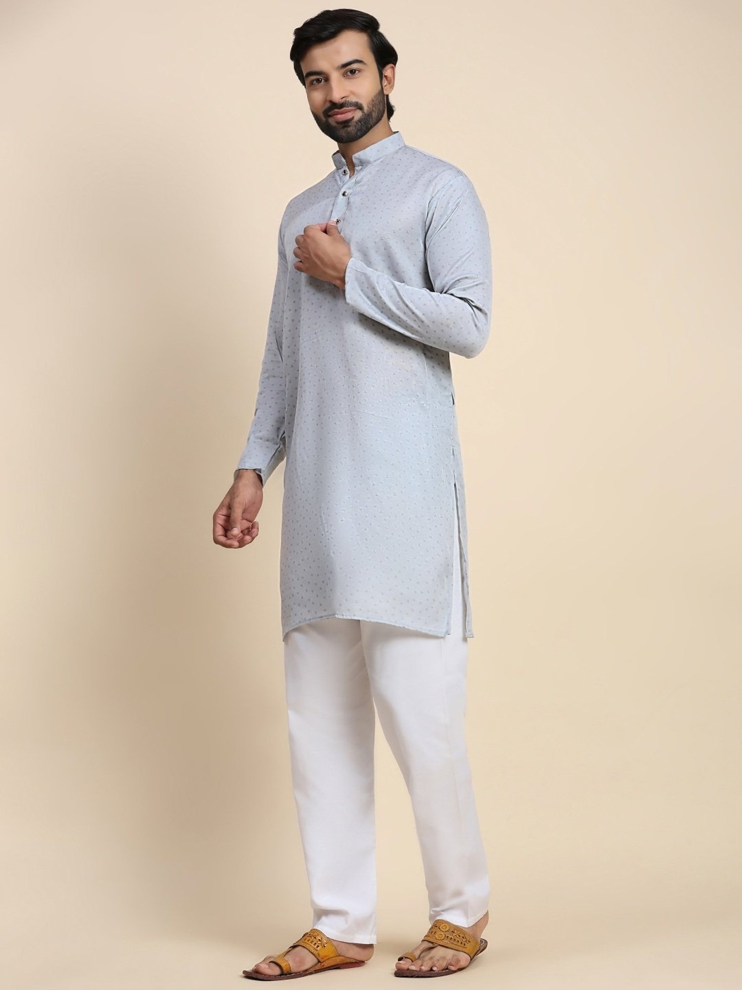 Pro-Ethic Style Developer Grey & White Cotton Regular Fit Printed Kurta Bottom Set
