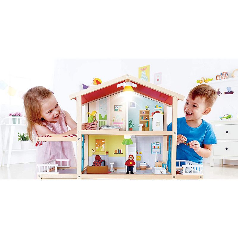 Hape Wooden 10 Room Extravagant Family Play Mansion Doll House Set with 4 Dolls, Doorbell, LED Lights and Furniture Accessories for Ages 3 and Up