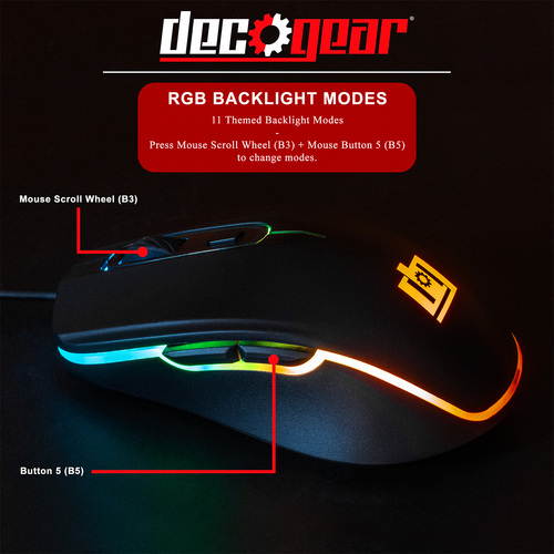 Deco Gear Wired Gaming Mouse | 800-5000 Adjustable DPI | High Precision Optical Mouse | Ergonomic for All Gaming Grips | 11 RGB Backlit Modes | 6 Buttons