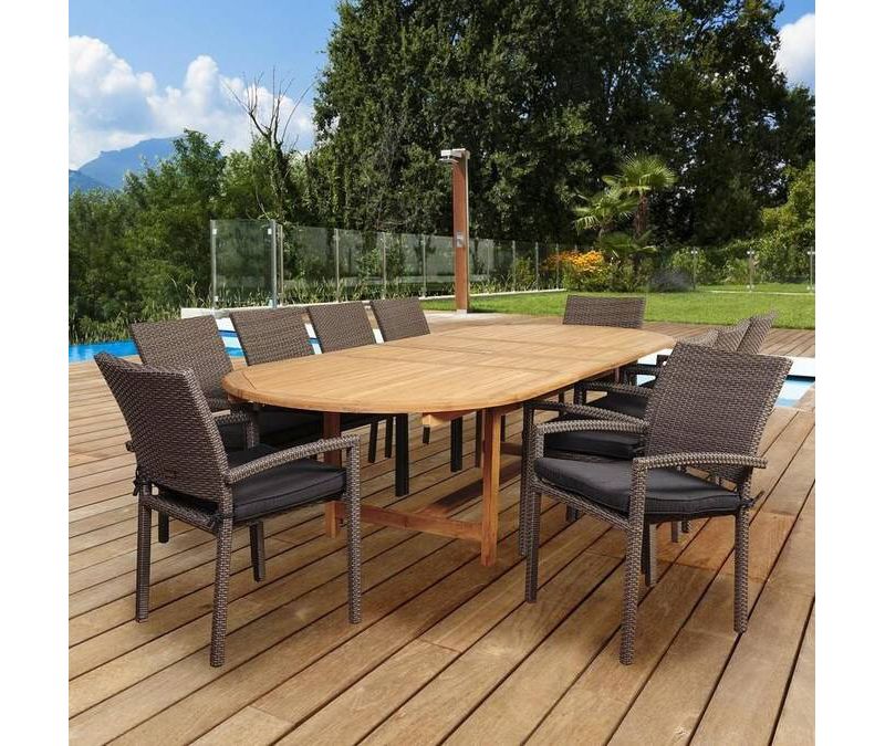 City Villa 11pc Patio Teak Wood Wicker Double-Extendable Oval Dining Set - International Home Miami