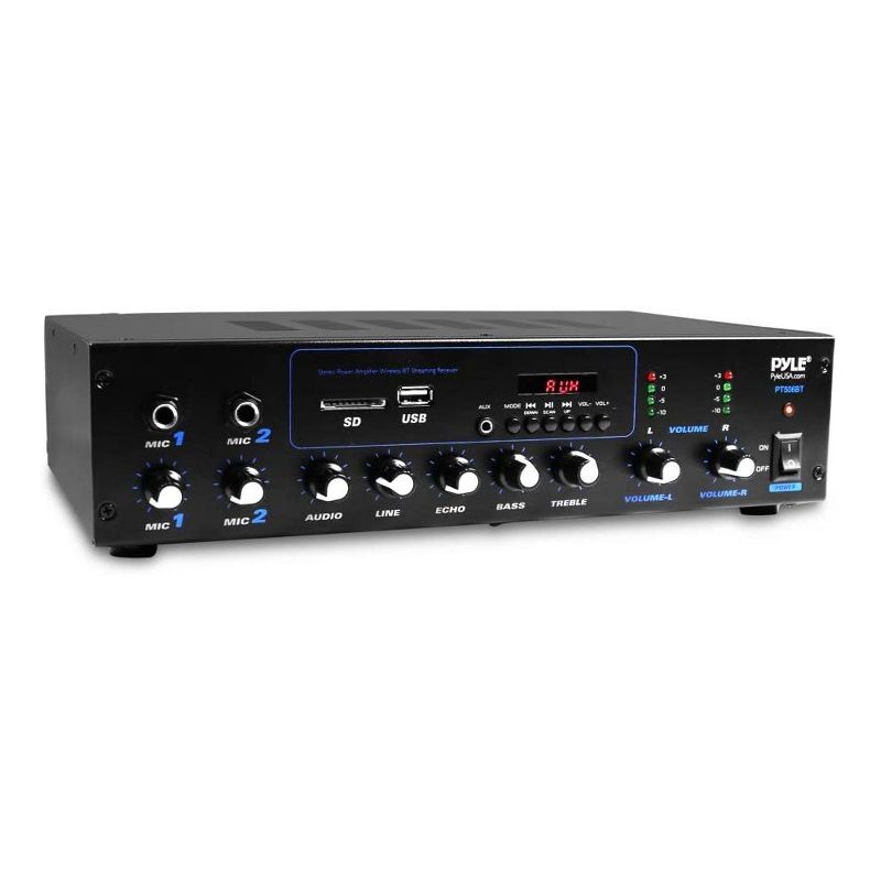 Pyle PT506BT 600 Watt Compact Bluetooth Home Audio Power Amplifier Stereo Receiver Sound System with MP3/USB/SD/AUX Playback and Mic Inputs