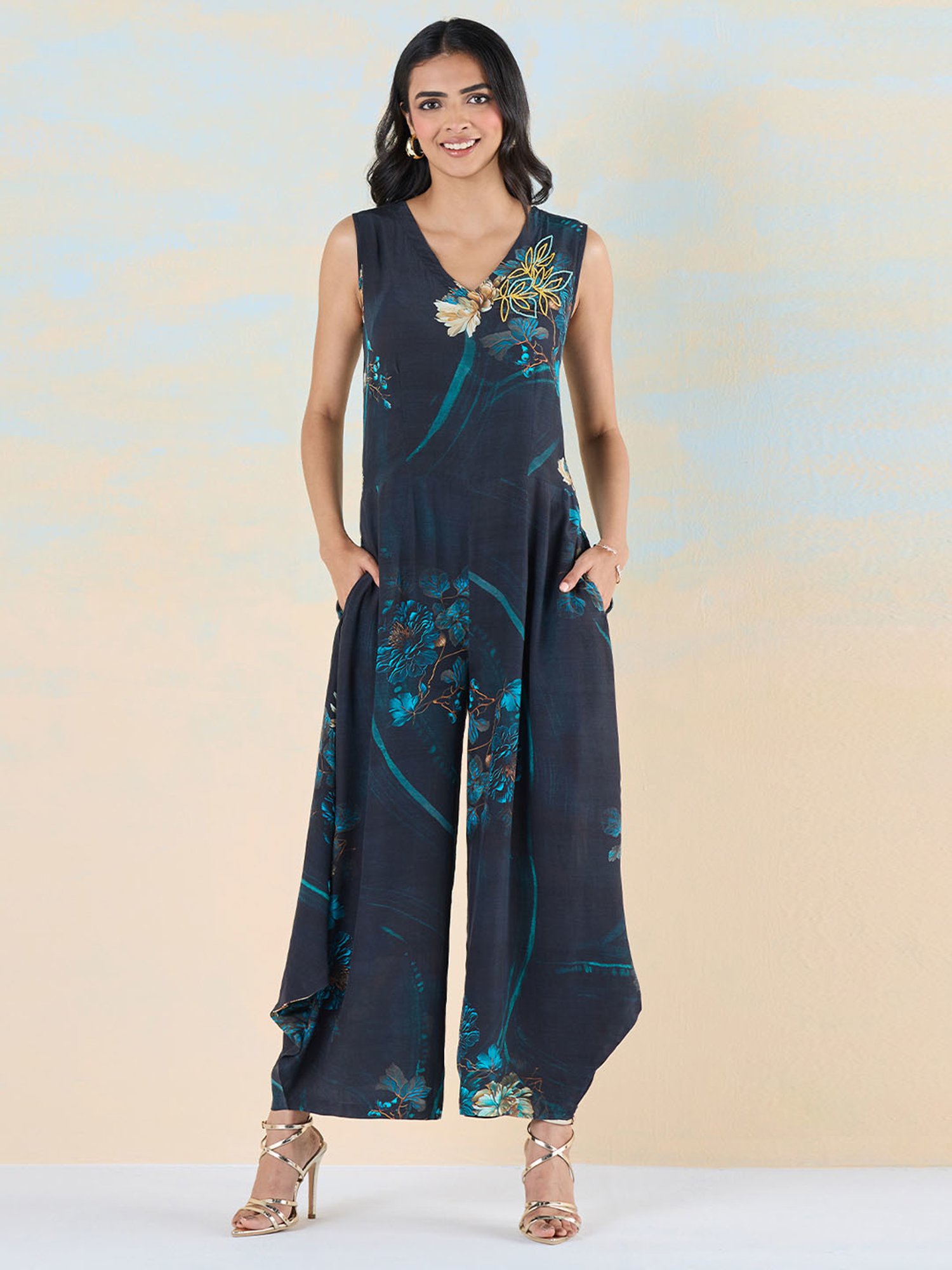 navyasa by liva Teal Floral Print Jumpsuit