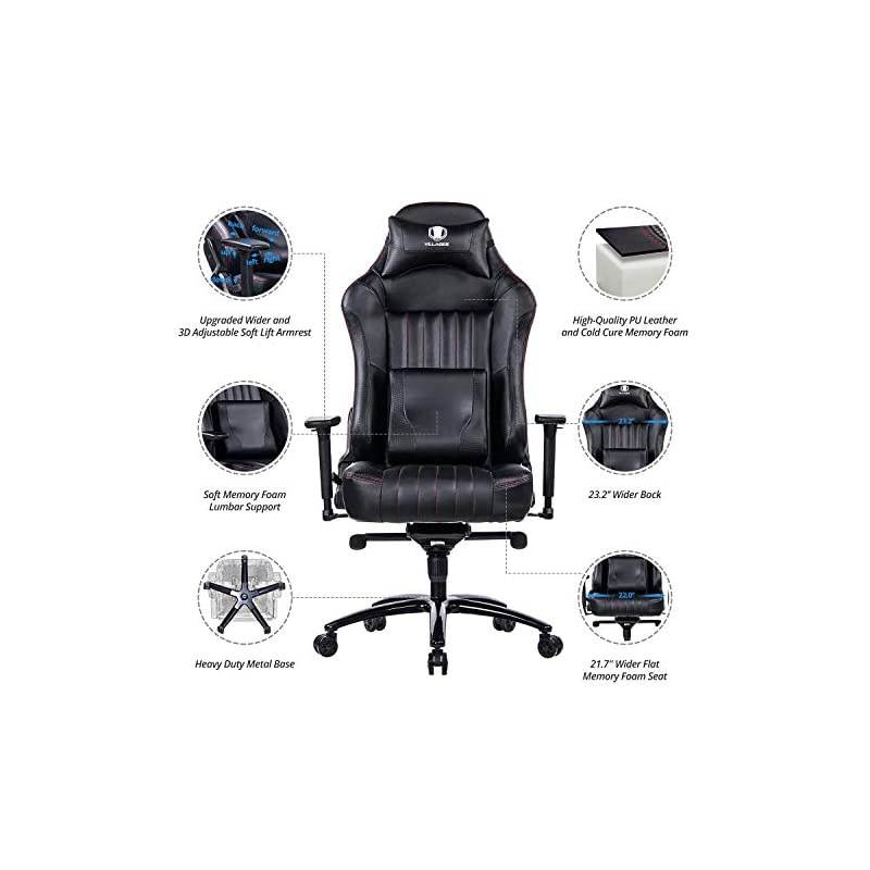 Memory Foam Gaming Chair, Adjustable Tilt Angle and 3D Armrest Ergonomic High-Back Leather Racing Executive Computer Desk Office Metal Base (Black)