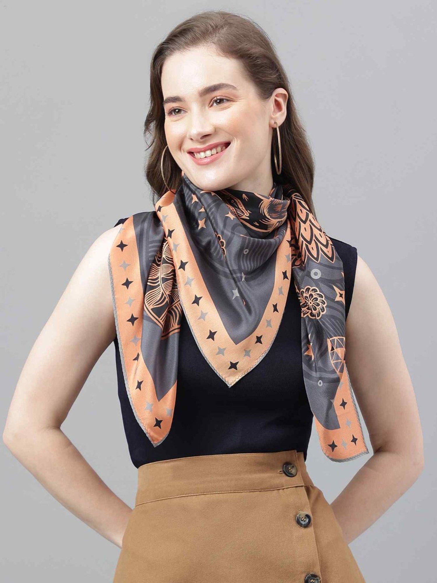 Tossido Grey & Peach Printed Scarf & Bag Scarf Set