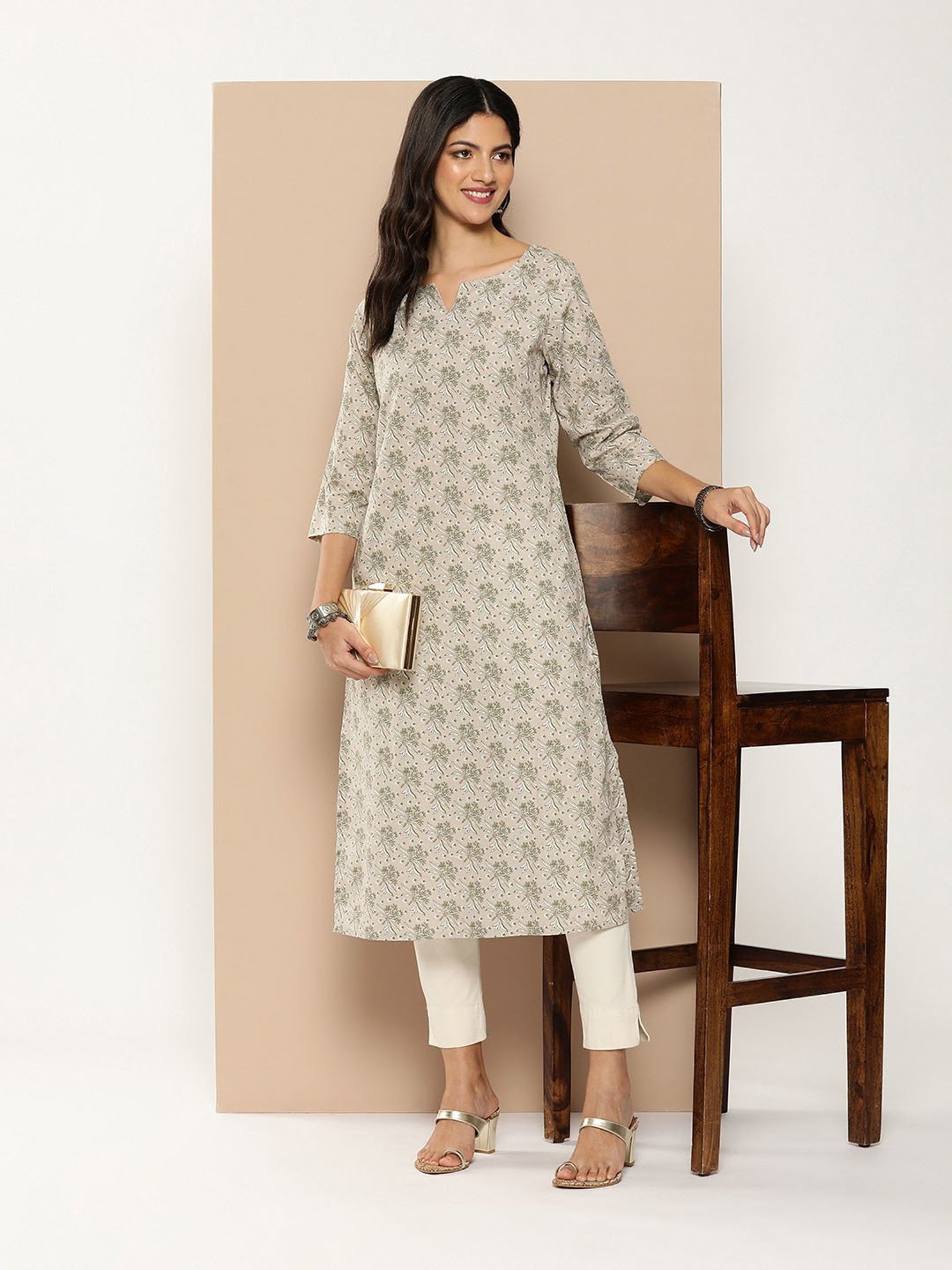 Amukti Beige Cotton Floral Print A Line kurta