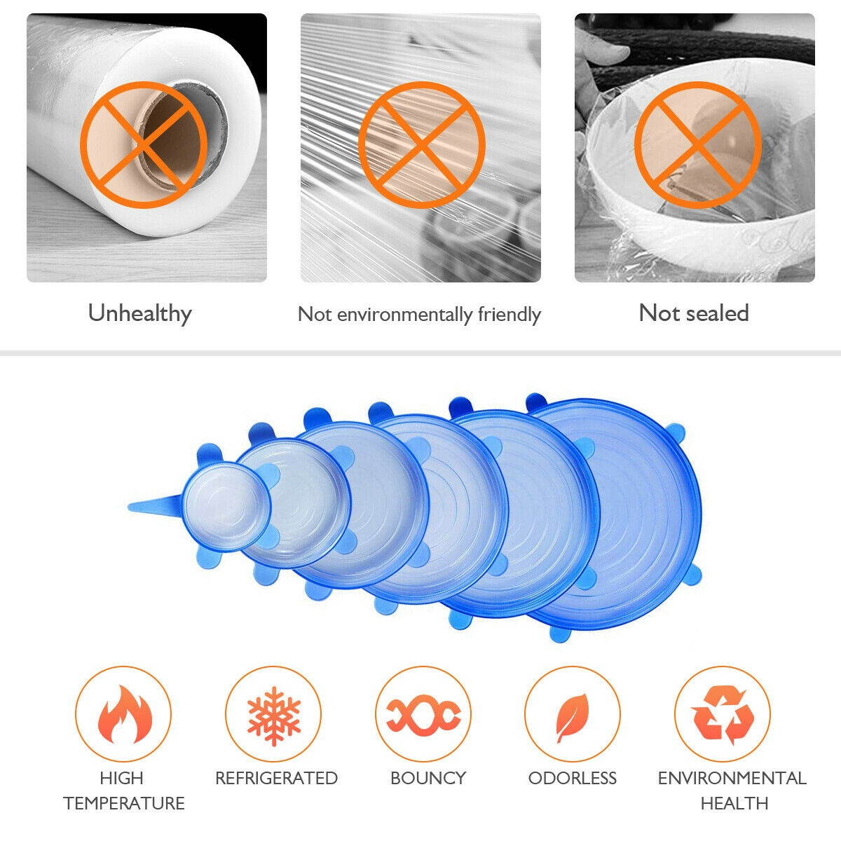 12pcs Stretch Reusable Silicone Bowl Food Storage Wraps Cover Seal Fresh Lids US
