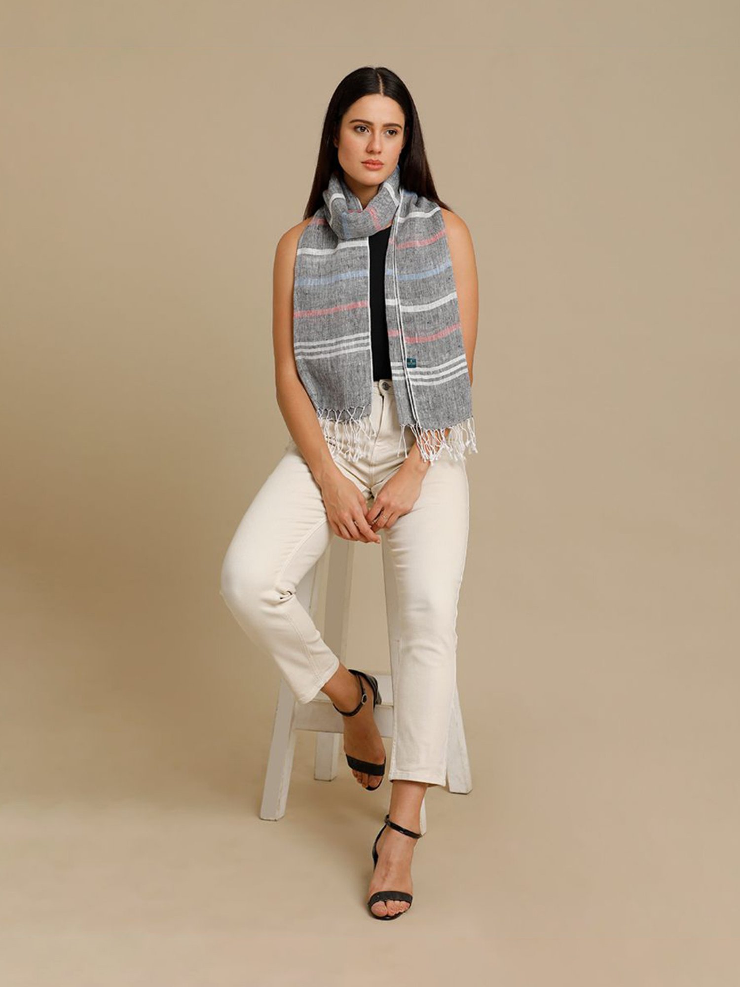 Linen Club Grey Striped Pure Linen Stole