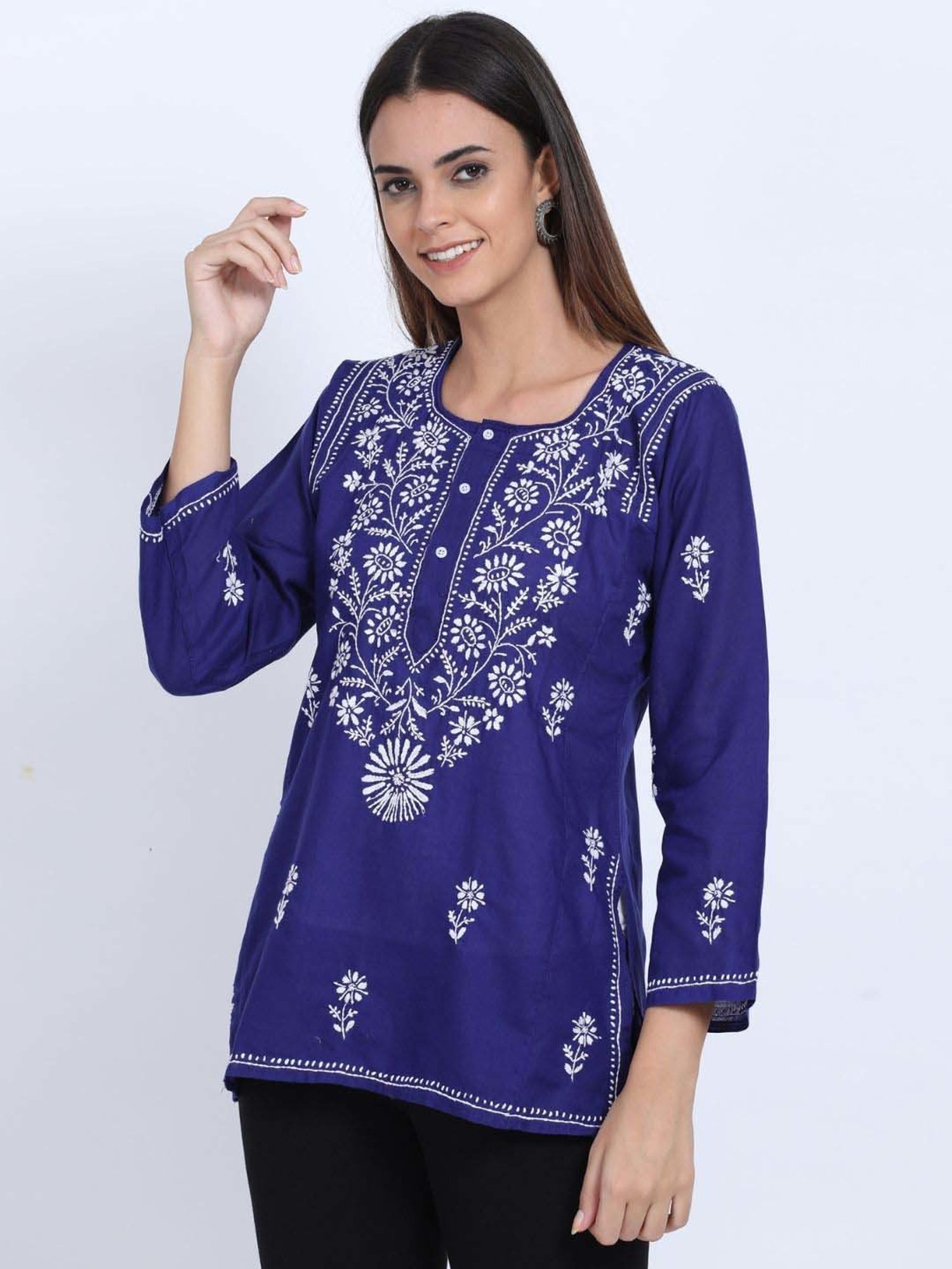 PARAMOUNT CHIKAN Midnight Blue Cotton Chikankari Straight Kurti