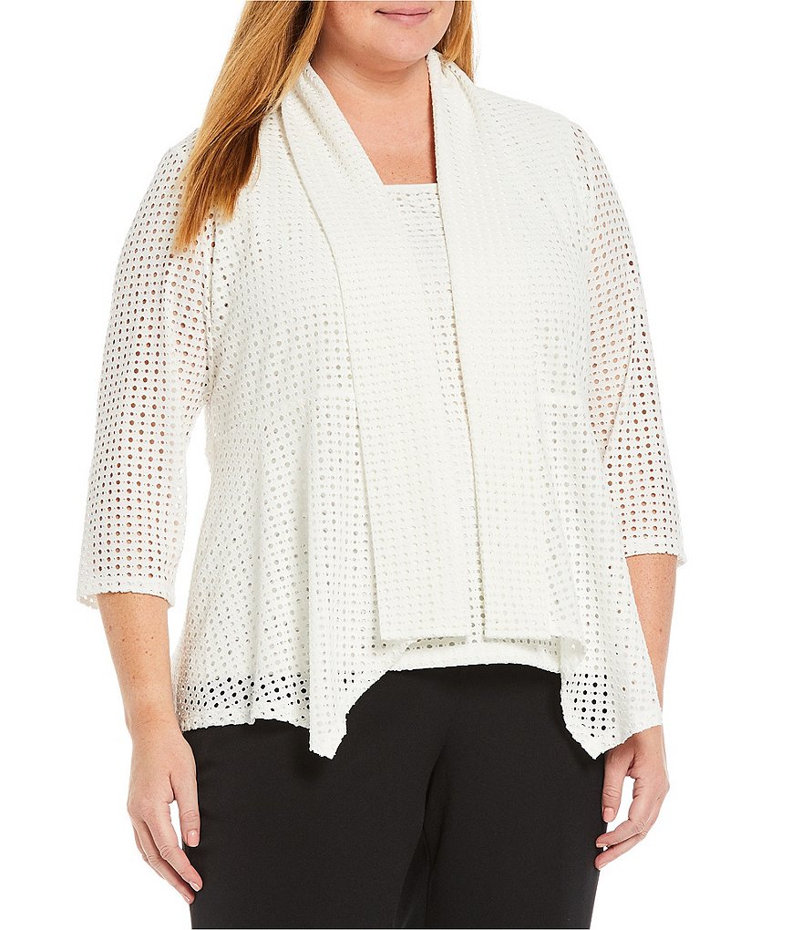 Kasper Plus Size Stretch Eyelet Knit 3/4 Sleeve Flyaway Cardigan