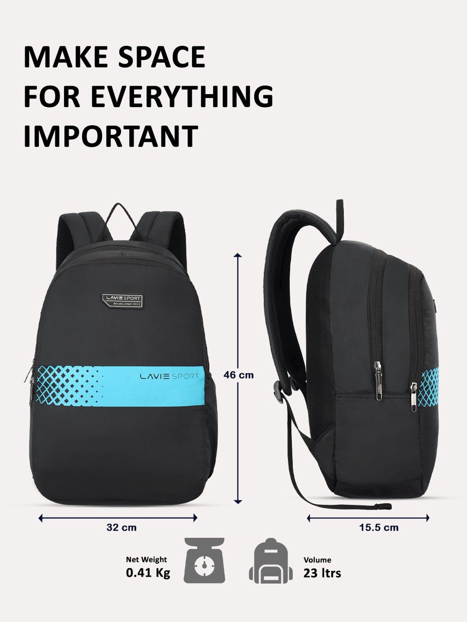 Lavie Sport Speedo 23L College Backpack For Boys & Girls|Men & Women (Black)