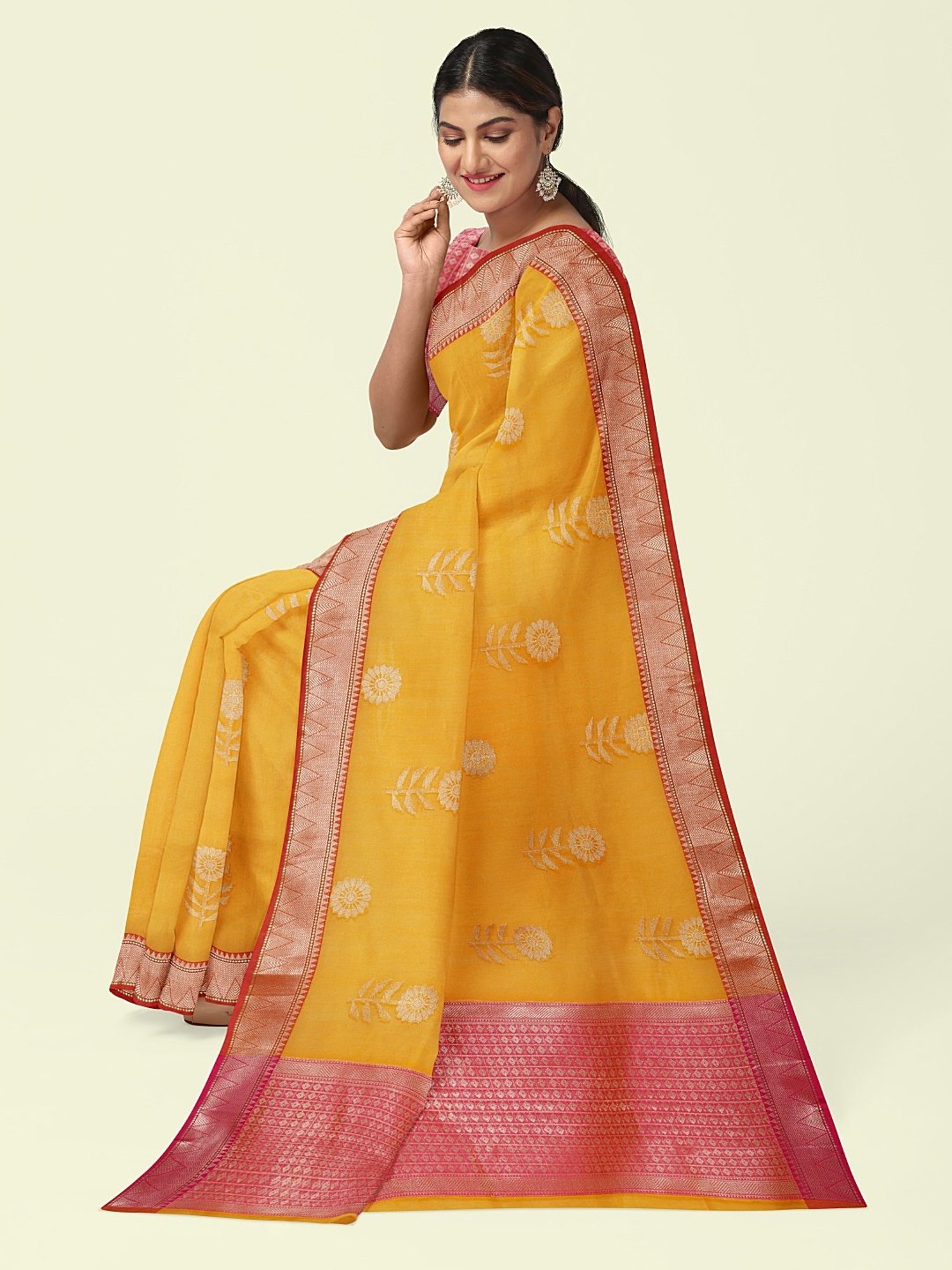 Banarasi Silk Works Yellow Cotton Woven Saree With Unstitched Blouse