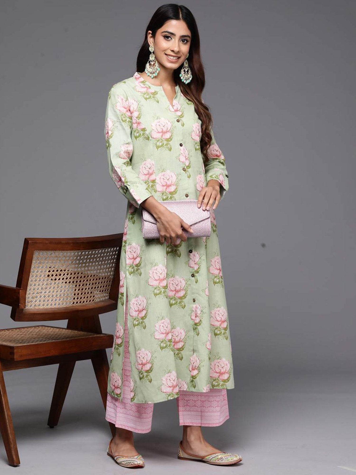 Indo Era Green Cotton Printed A Line Kurta