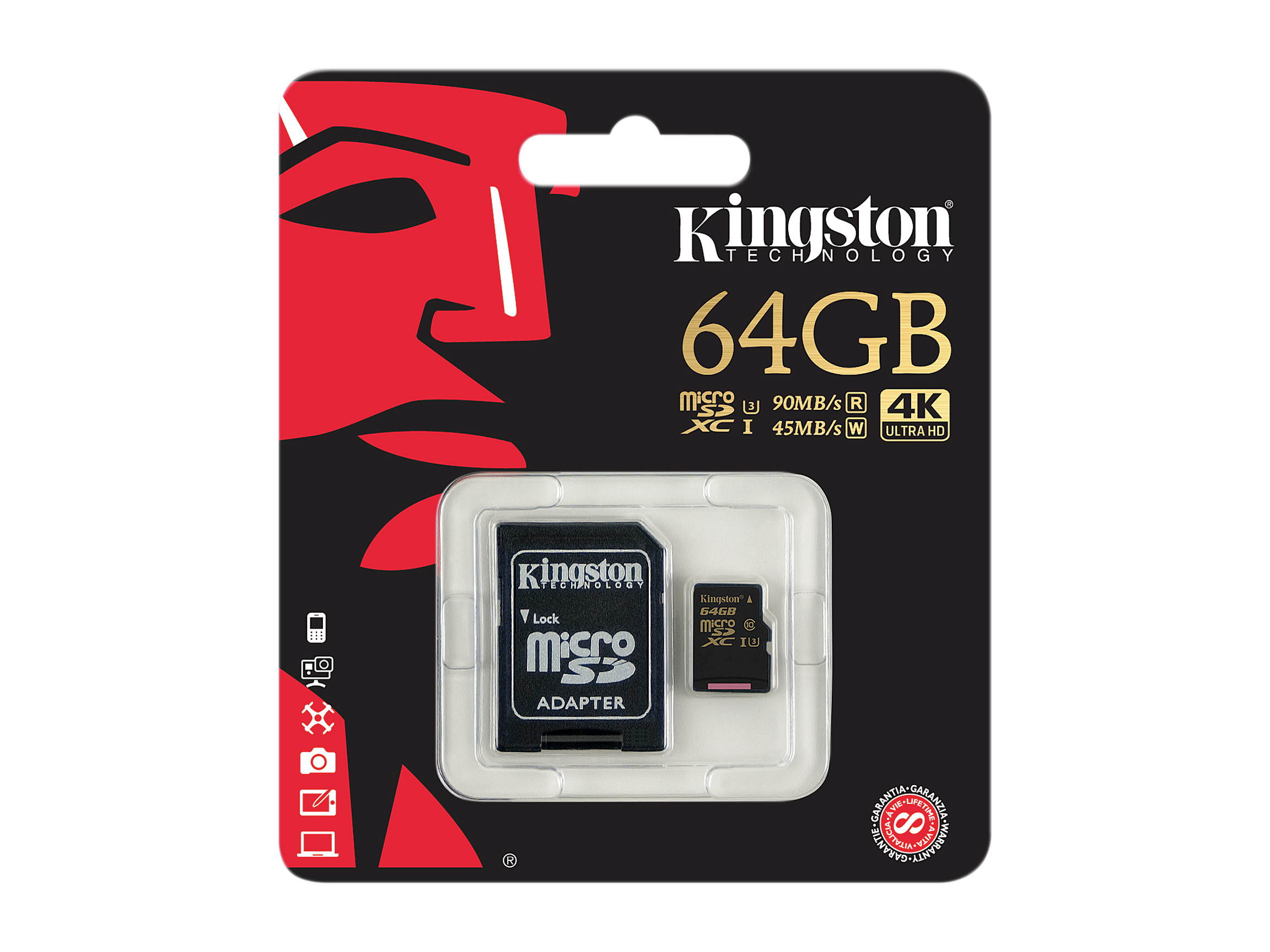 Kingston 64GB MicroSDXC UHS-I/U3 Class 10 Memory Card with Adapter, Speed Up to 90MB/s (SDCG/64GB)