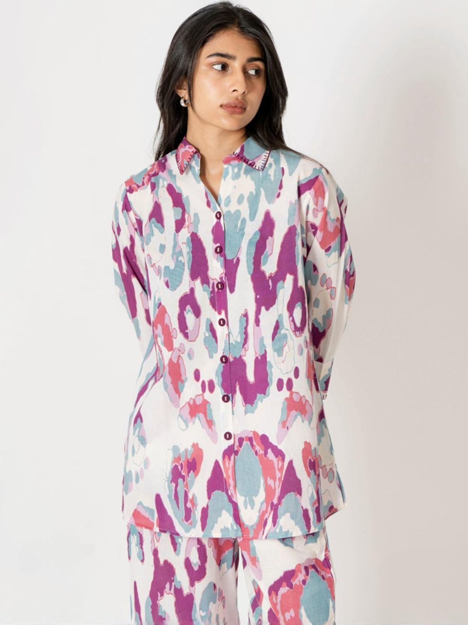 Kameez by Pooja White Capsule 24 Abstract Digital Print Cotton Shirt and Pant Co-ord Set