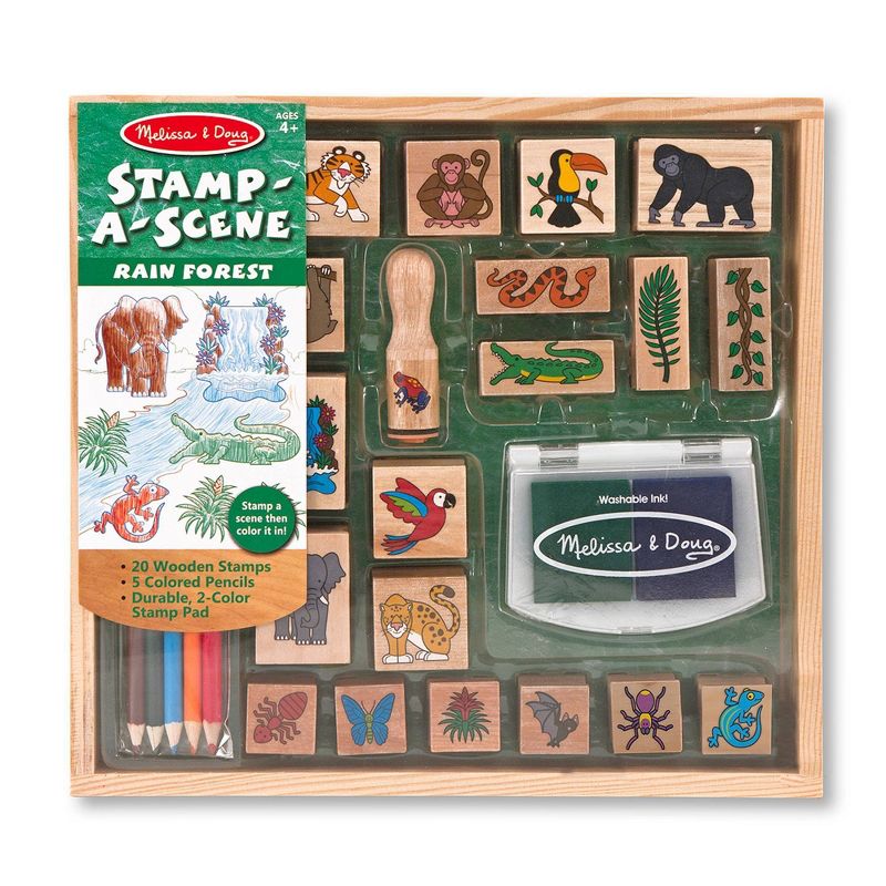 Melissa & Doug Stamp-a-Scene Stamp Set: Rain Forest - 20 Wooden Stamps, 5 Colored Pencils, and 2-Color Stamp Pad
