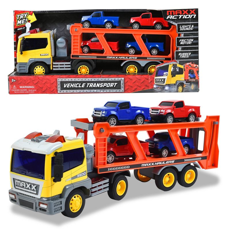 Maxx Action Lights & Sounds Construction Excavator Semi Truck and Trailer Transport