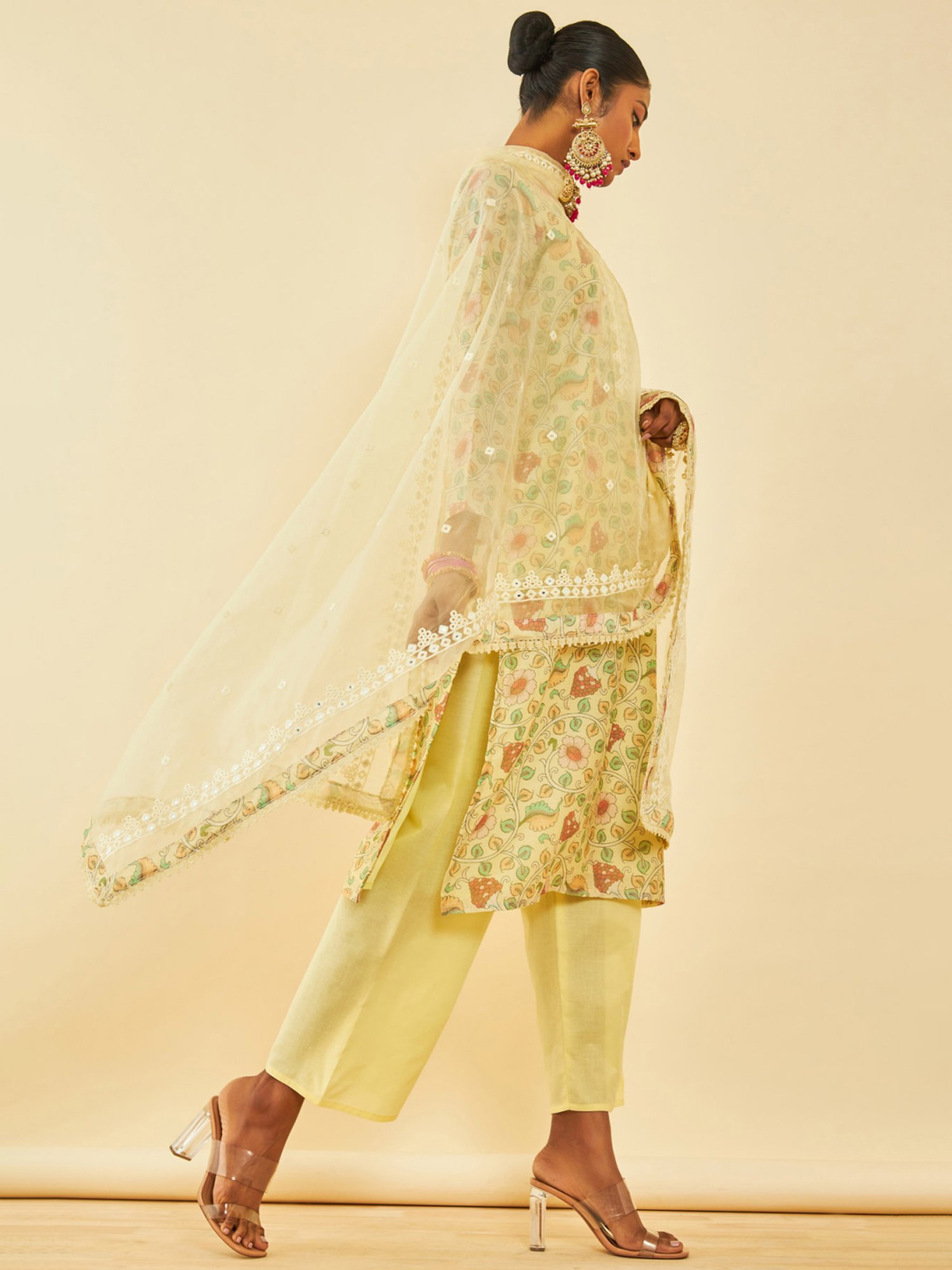 Soch Light Yellow Cotton Kalamkari Unstitch Dress Material With Faux Mirror