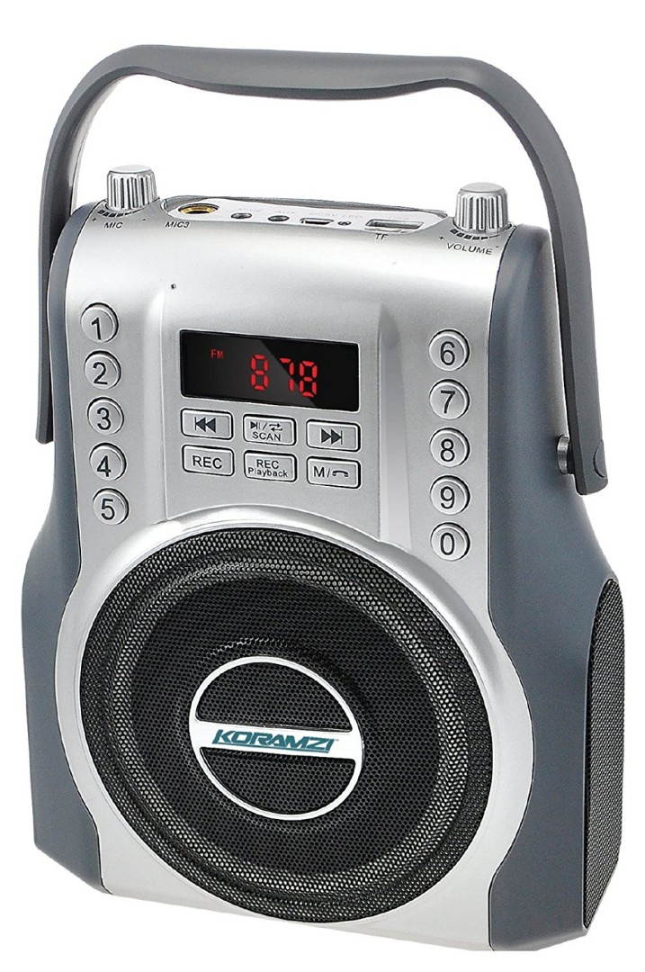 KORAMZI KS-200SI Karaoke Portable Rechargeable Boombox with Bluetooth, FM Radio, AUX In (Silver)