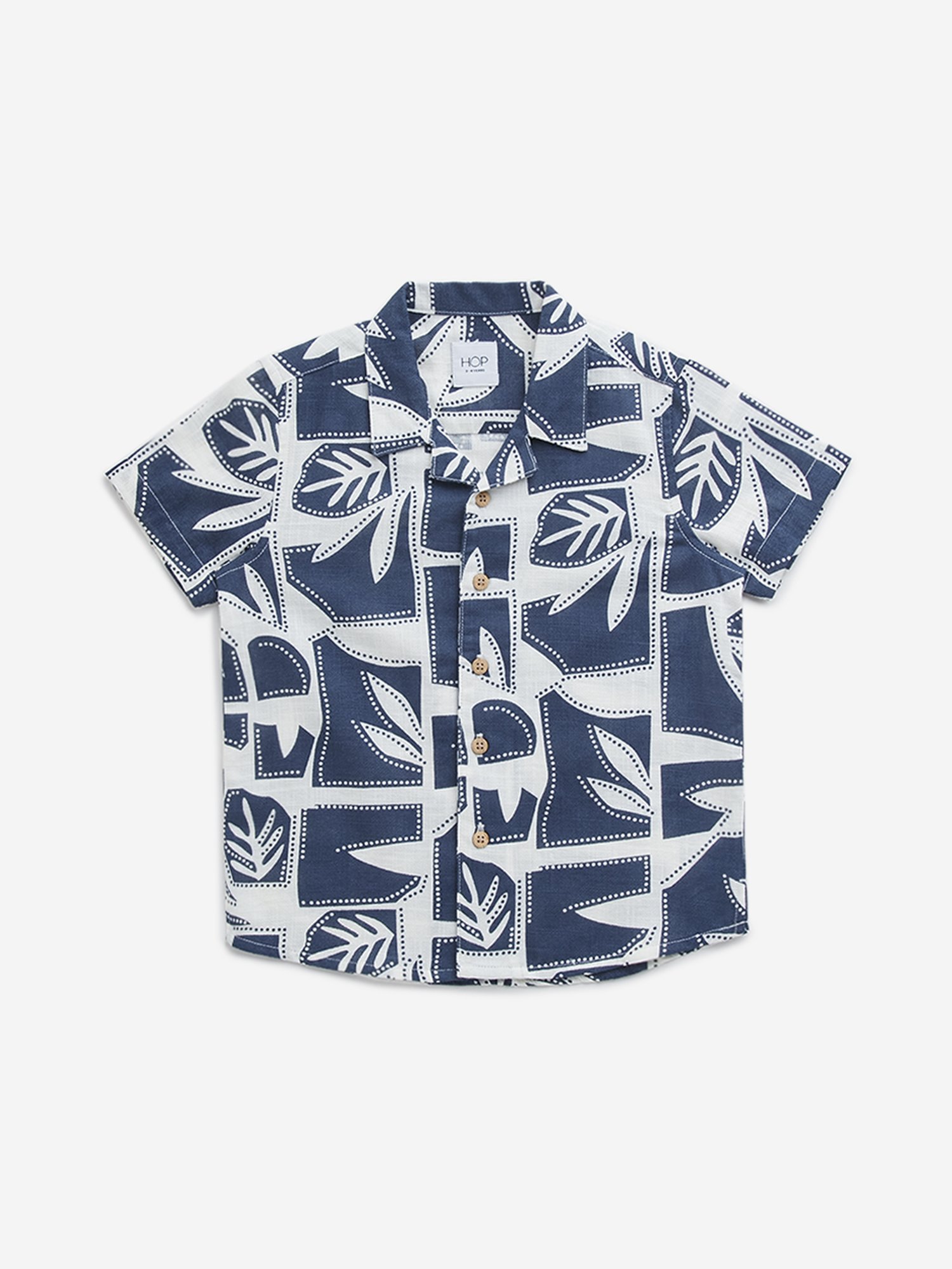 HOP Kids by Westside Navy Leaf Design Resort-Fit Cotton Shirt