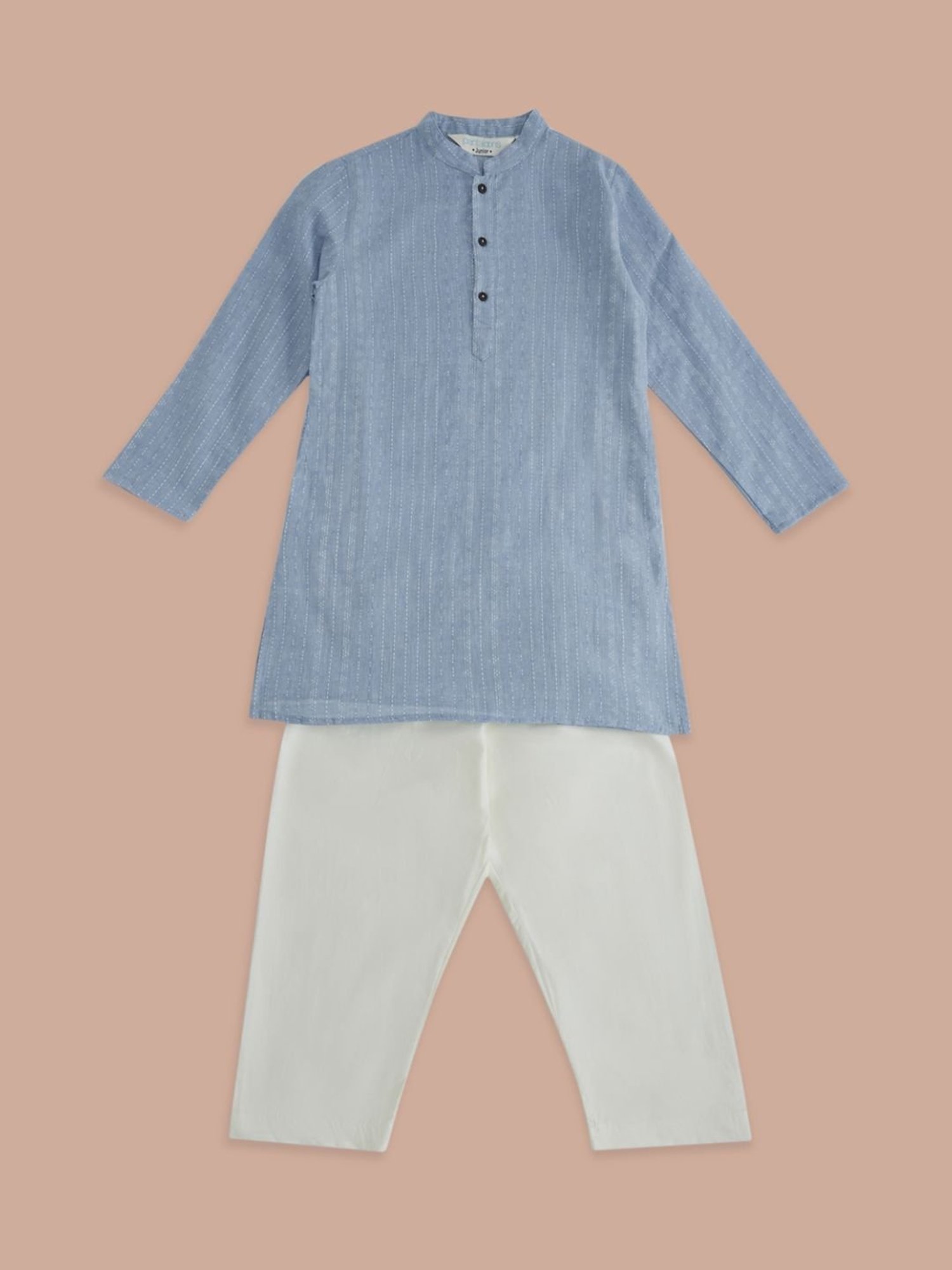 Indus Route by Pantaloons Kids Blue & White Cotton Self Pattern Full Sleeves Kurta Set
