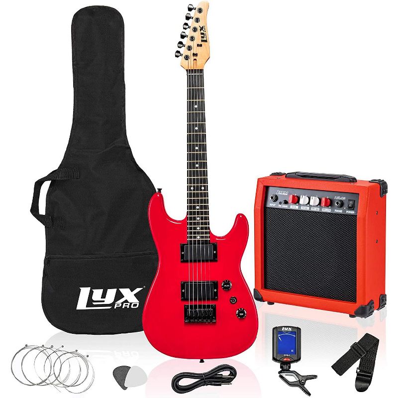 LyxPro 36 Inch Electric Guitar and Kit for Kids with 3/4 Size Beginner's Guitar, Amp, Six Strings, Two Picks, Shoulder Strap, Digital Clip On Tuner, Guitar Cable and Soft Case Gig Bag -Red