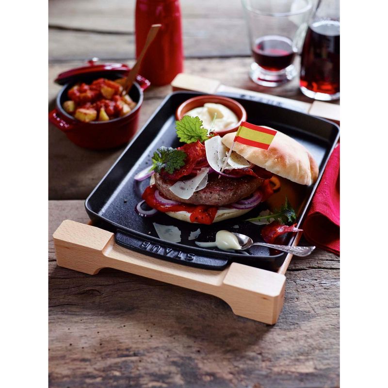 Staub Cast Iron 15 x 9-inch Rectangular Serving Dish with Wood Base - Matte Black
