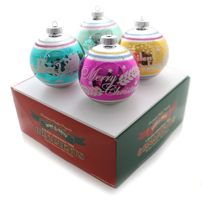 Shiny Brite 4.0" Vintage Celebration Flocked . Christmas Ornament Rounds Balls  -  Tree Ornaments