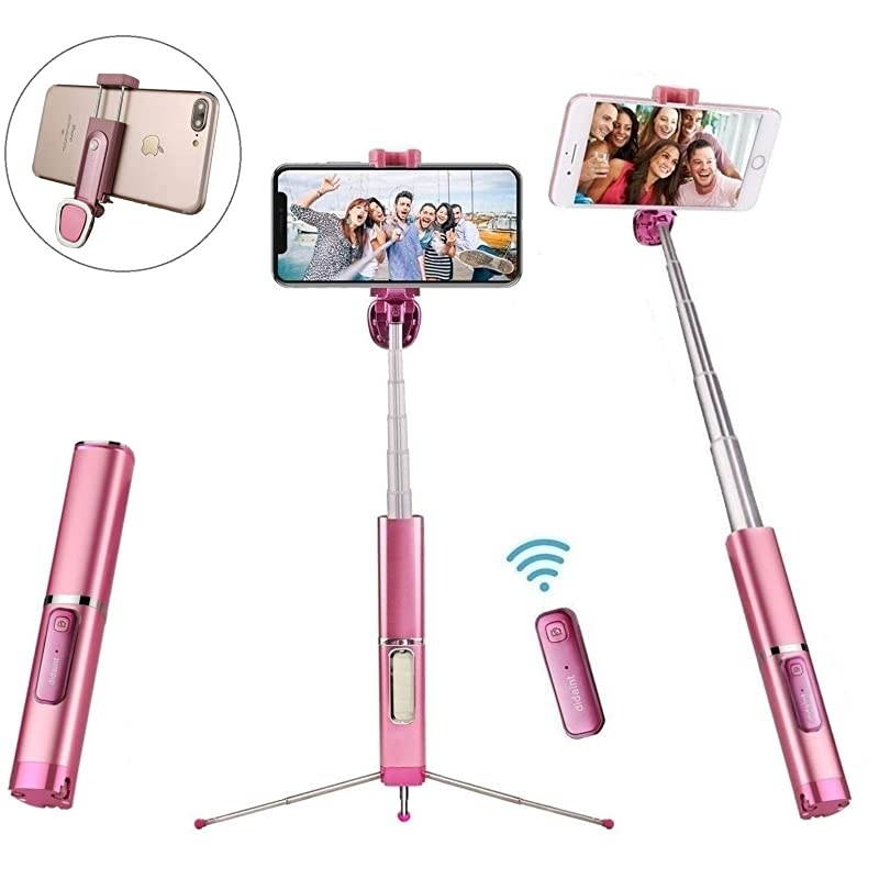 Selfie Stick Tripod Bluetooth,  Mini Extendable Aluminum Selfie Stick with Wireless Remote and Tripod Stand 360 Rotation for iPhone 11/XS/XR/X/8/7 Plus, Samsung and Android Phone (Pink)