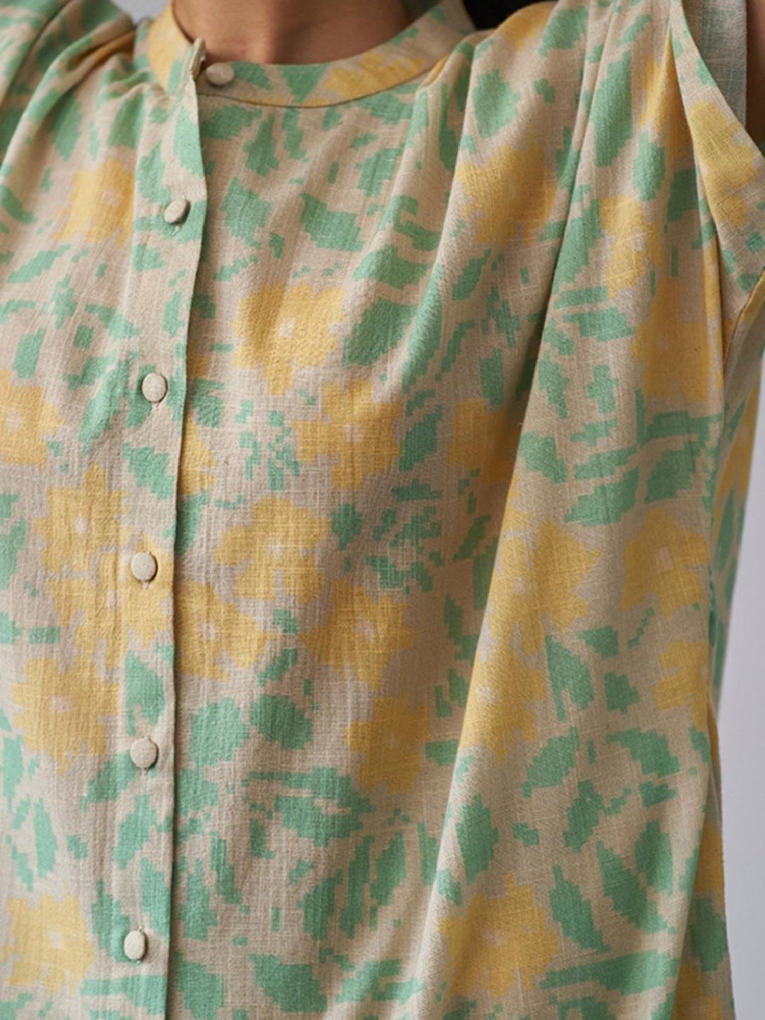 Ganga Fashions Almond Milk & Green Cotton Linen Kurta with Pant Co-ord Set