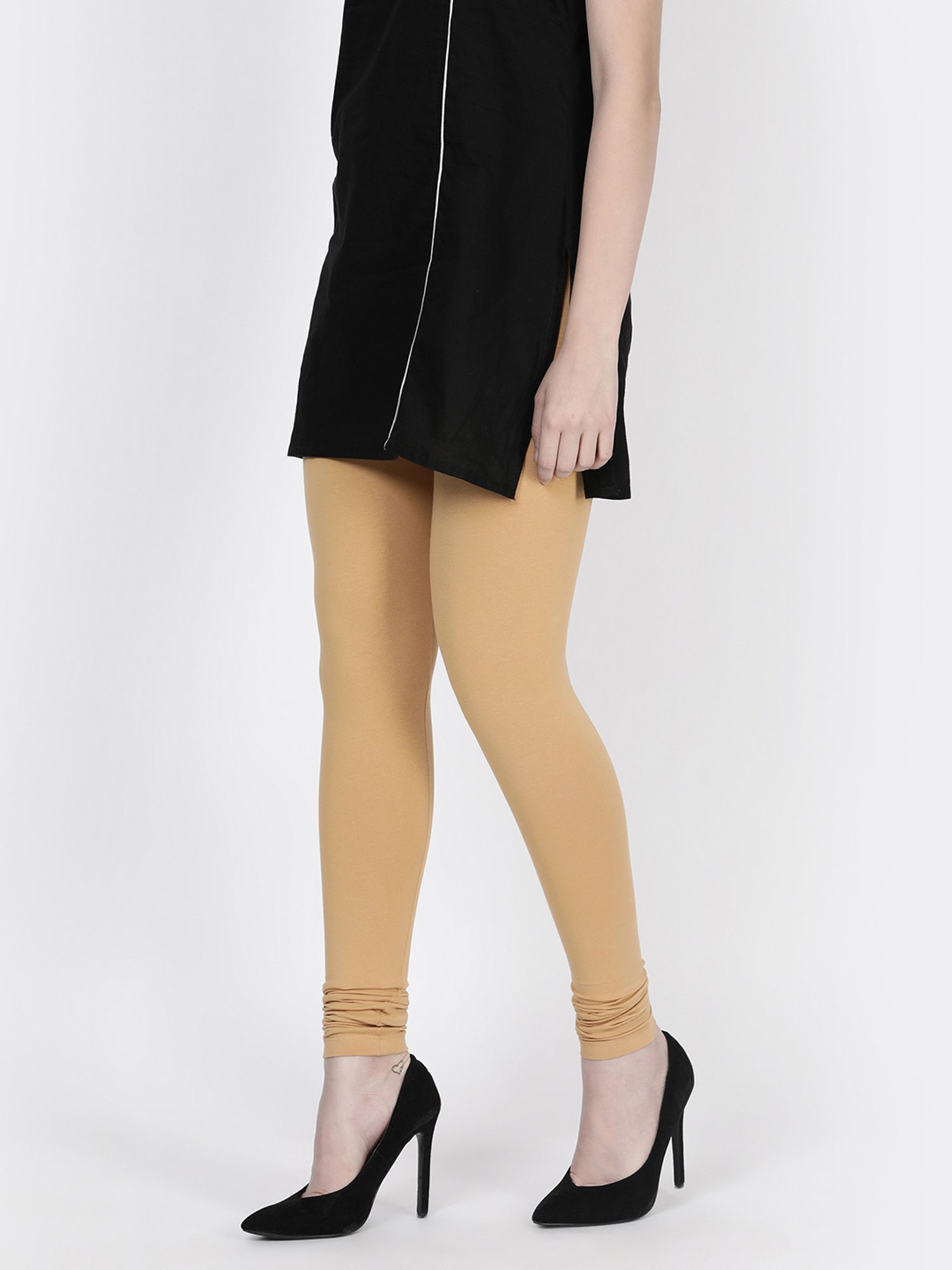 TWIN BIRDS Beige Cotton Full Length Leggings