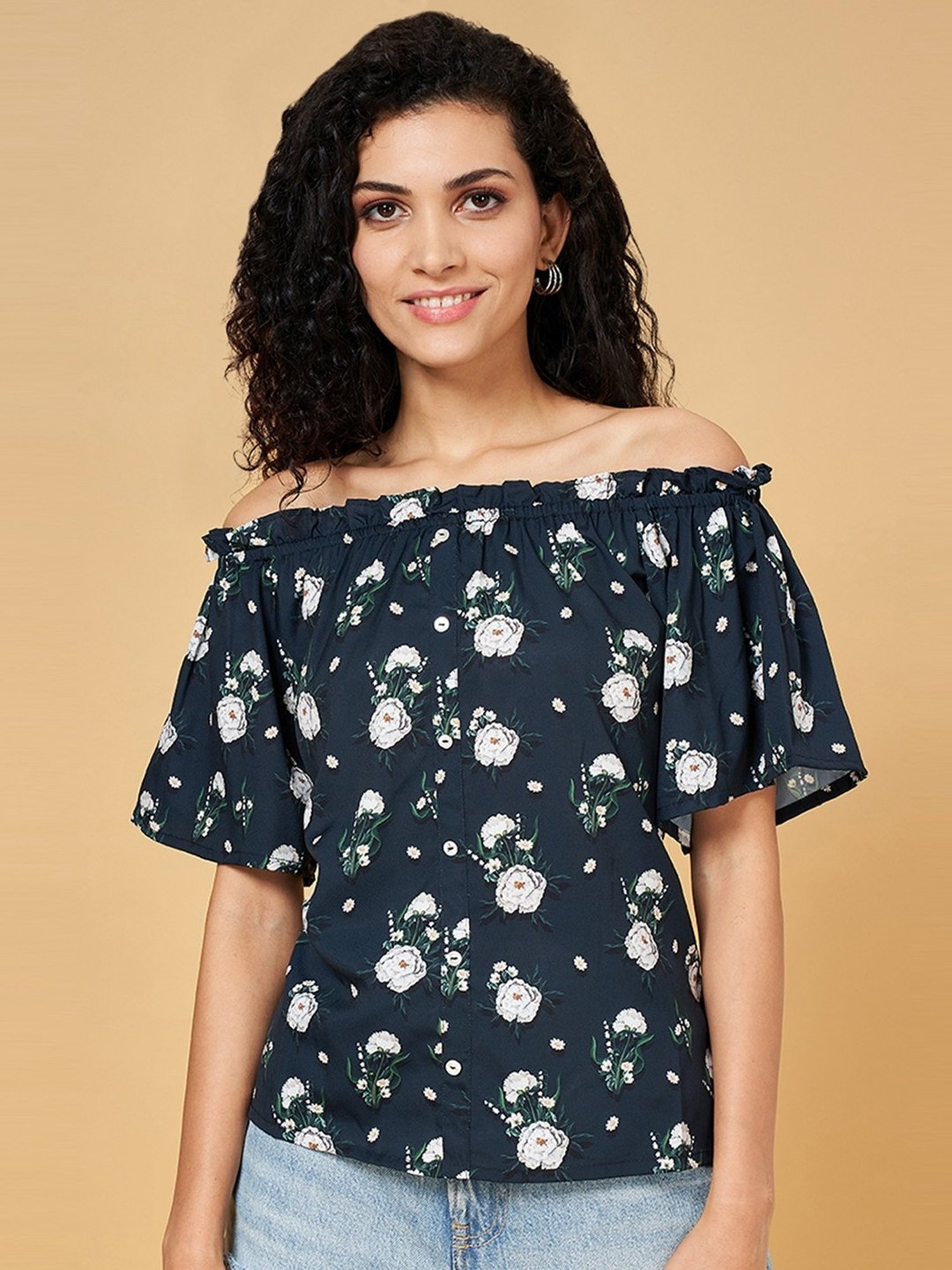 YU by Pantaloons Black Floral Print Top