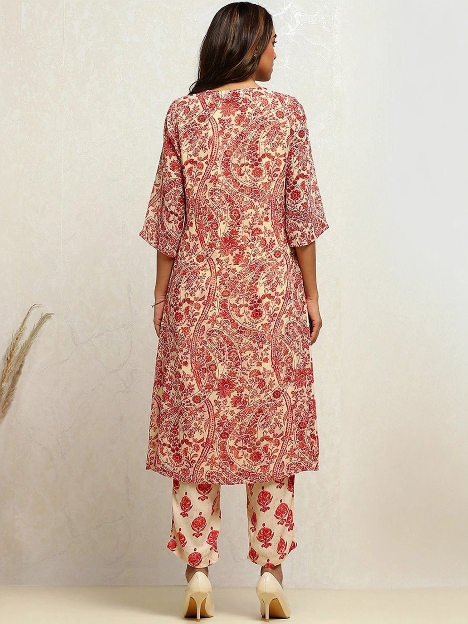 Biba Cream Printed Kurta Palazzo Set With Shrug