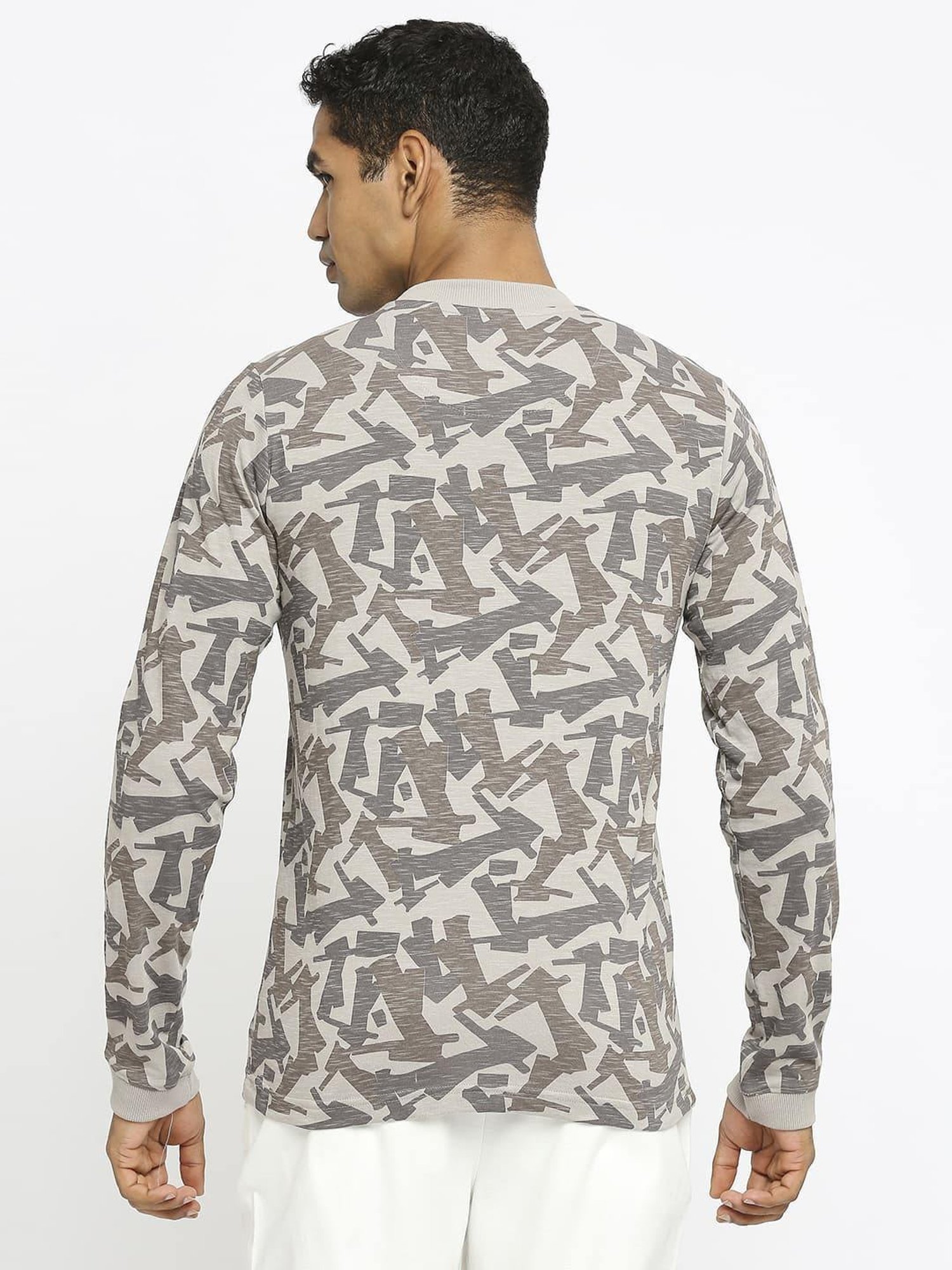 Basics Grey Cotton Muscle Fit Printed T-Shirt