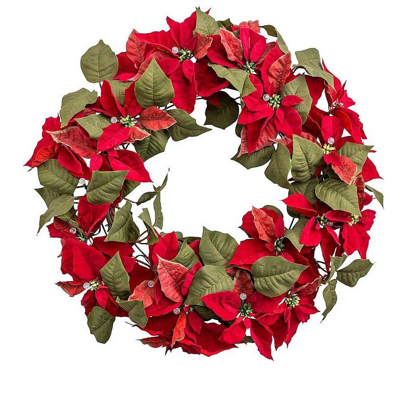 Plow & Hearth - Lighted Poinsettia Holiday Wreath with 20 Lights