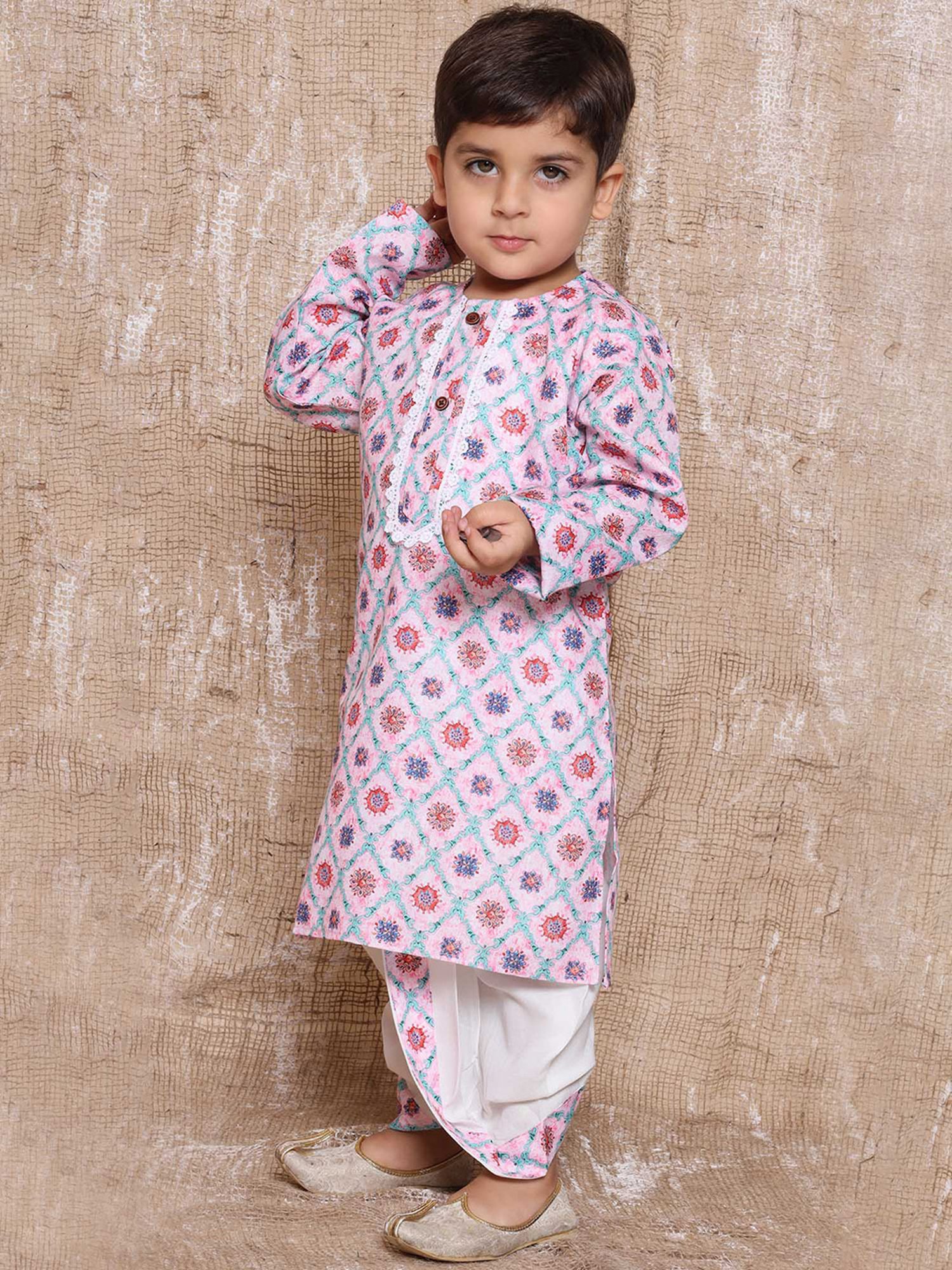 AJ Dezines Kids Pink & White Floral Print Full Sleeves Kurta with Dhoti