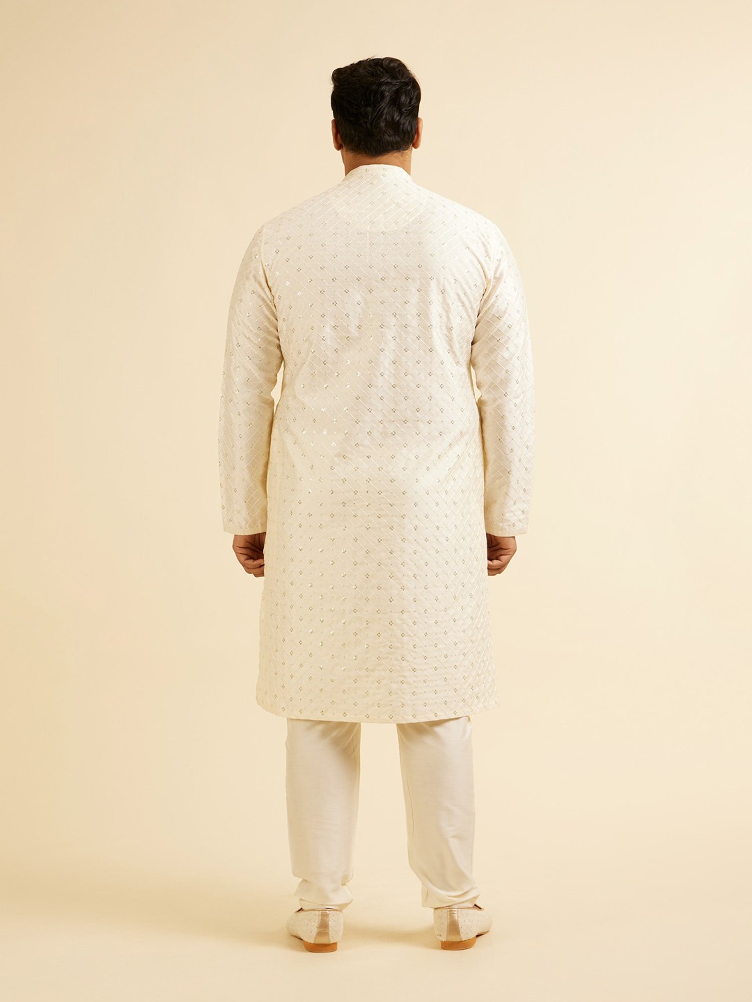 Manyavar Cream Regular Fit Embroidered Plus Size Kurta and Pyjama Set