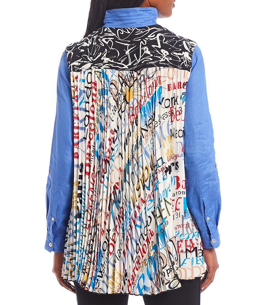 John Mark Wire Point Collar Neck 3/4 Roll-Tab Sleeve Button-Front Accordion Pleat Back Tunic