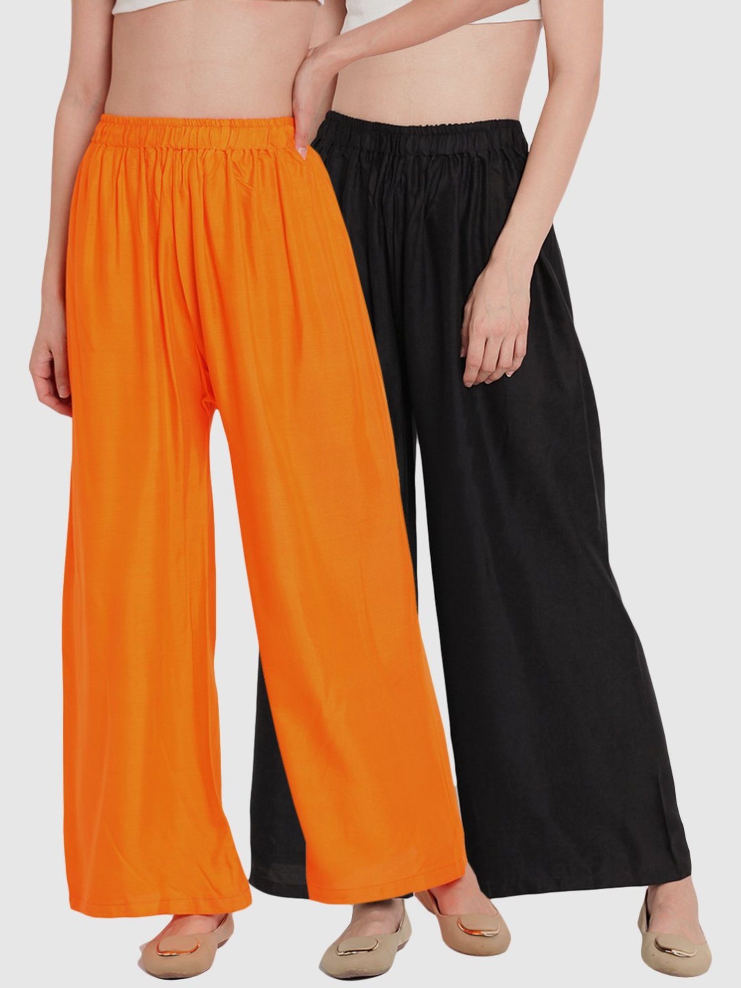 TAG 7 Orange & Black Cotton Palazzos - Pack of 2