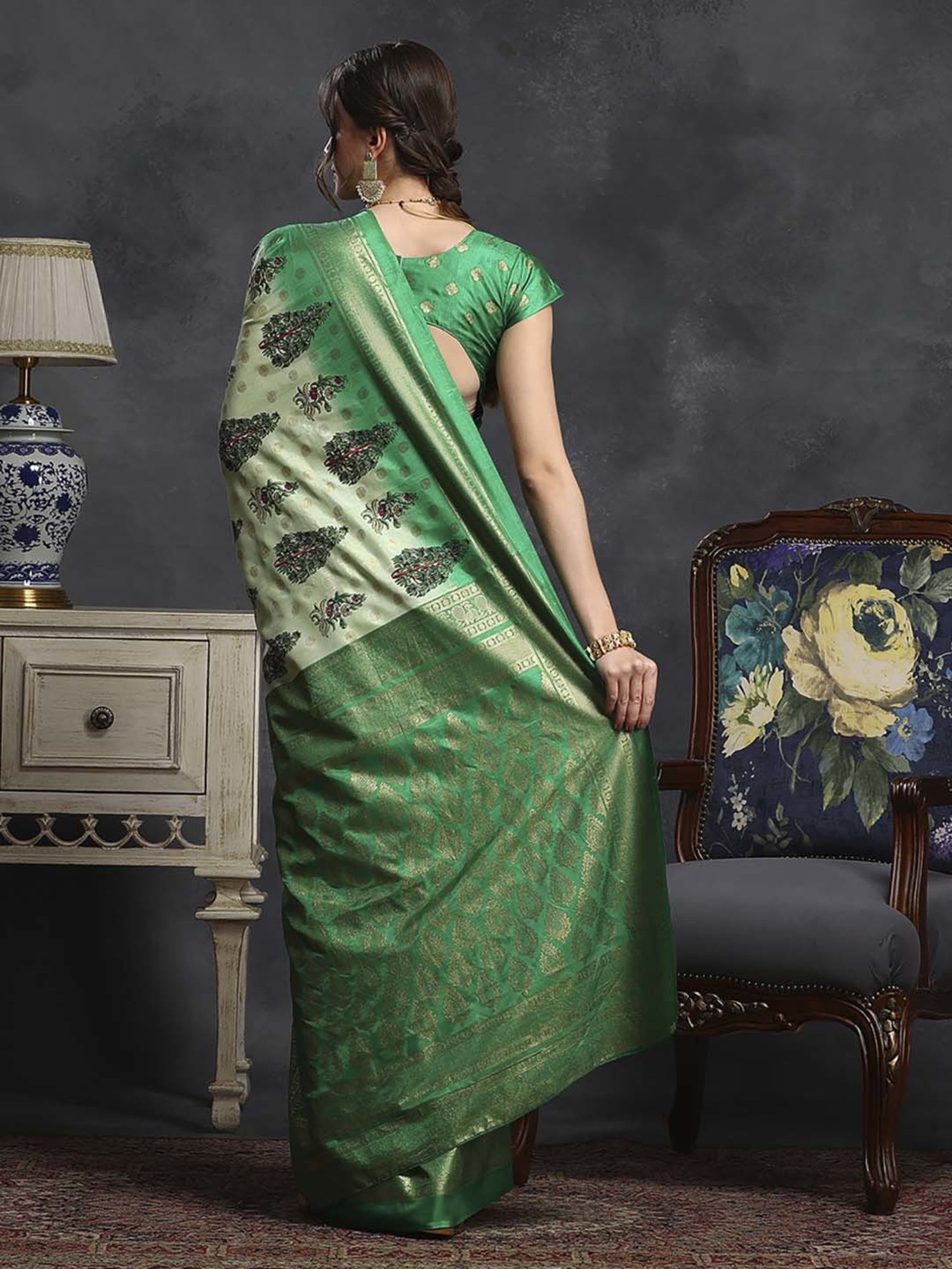 Saree Mall Green Silk Printed Saree With Unstitched Blouse